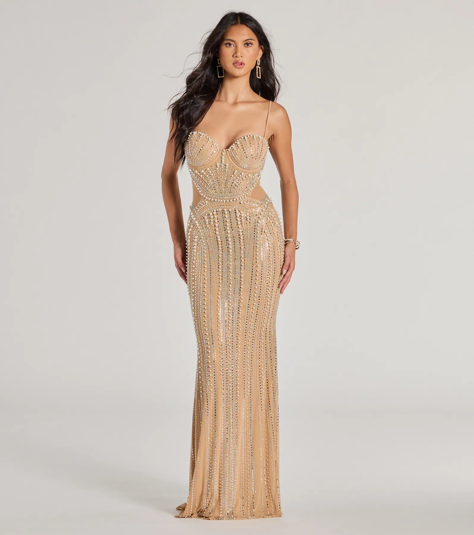 Gianna Premium Rhinestone & Pearl Sheer Mesh Evening Gown