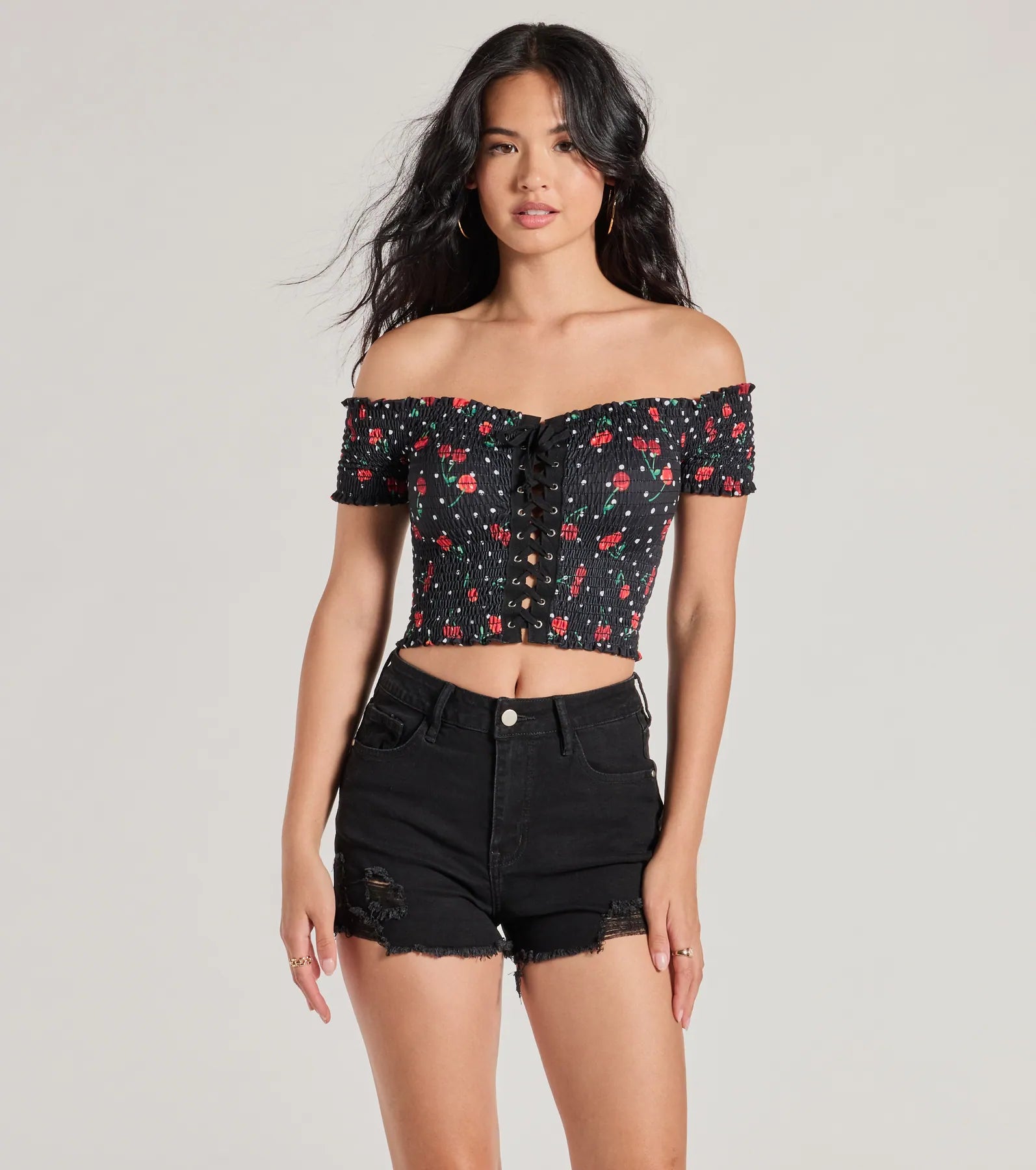 Ultimate Sweet Cherries Off-The-Shoulder Crop Top