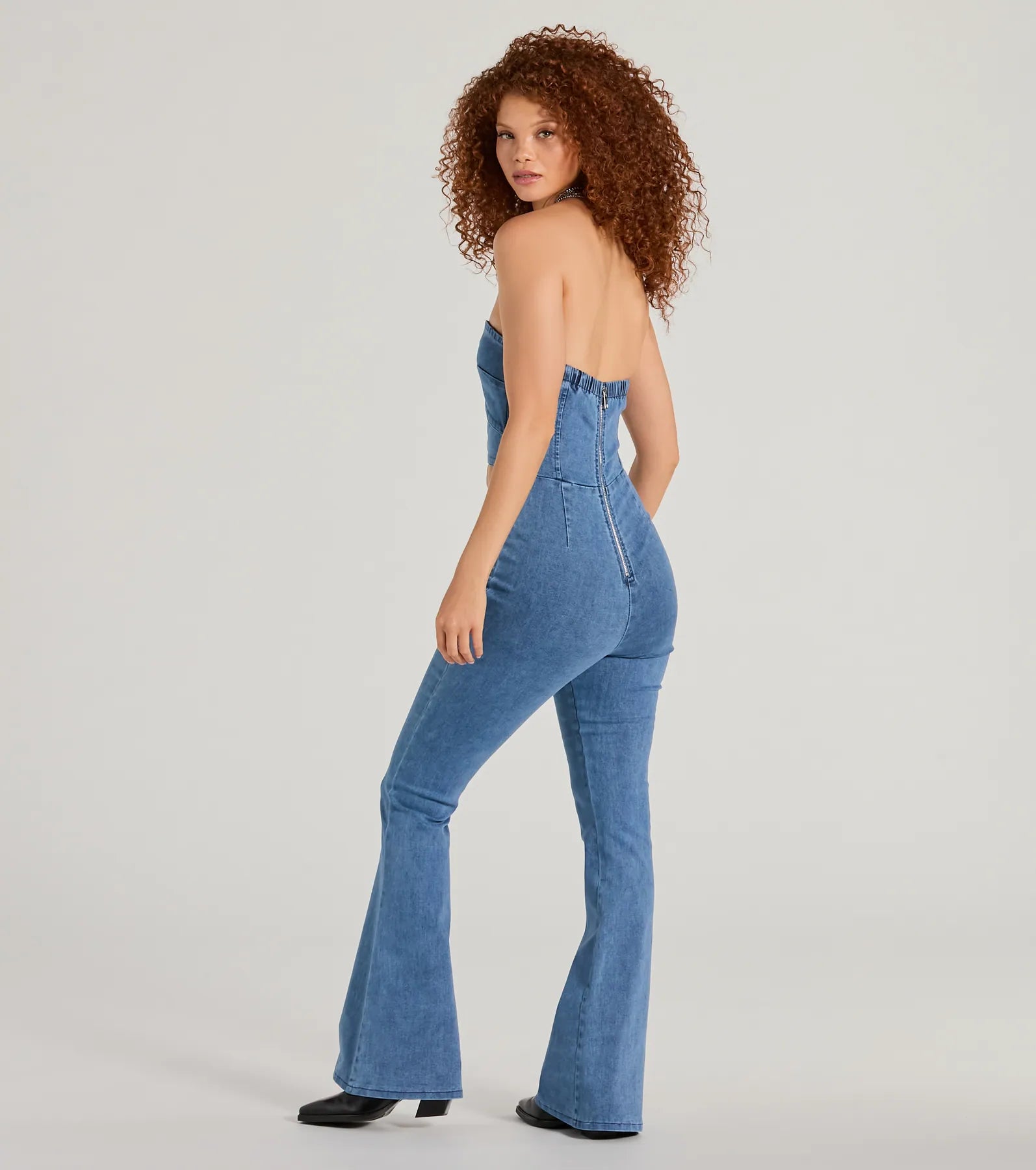 Ultimate Strapless Denim Jumpsuit with Buckle Details & Flare Hem