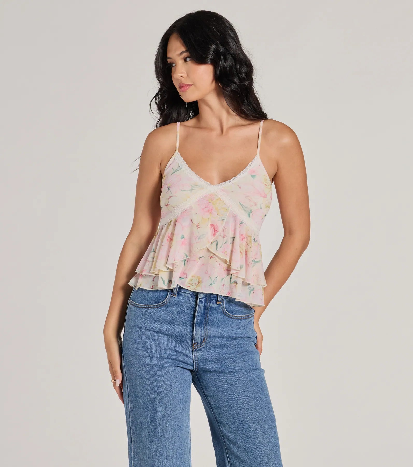 Ultimate Flirty Ruffled Floral Mesh Lace Trim Top - Summer Essential