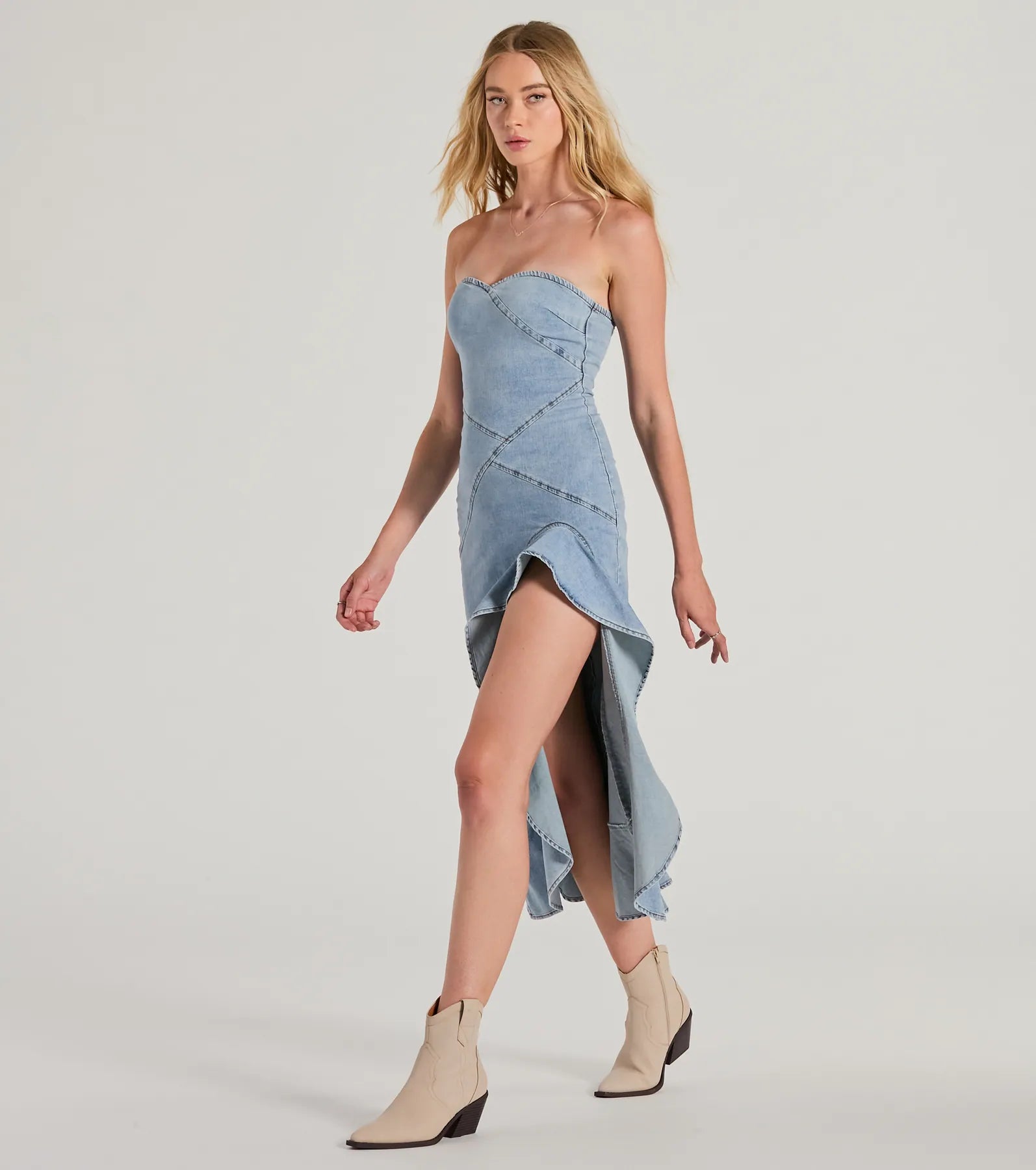 Ultimate Style Strapless Ruffle High-Low Denim Dress