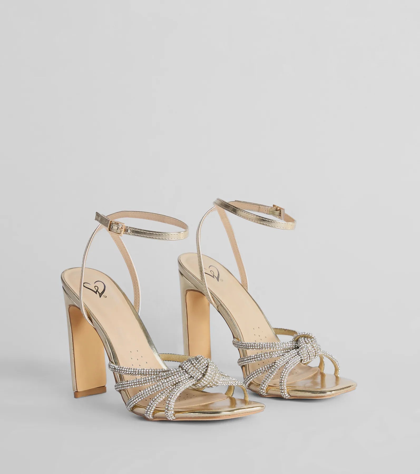 Ultimate Glam Rhinestone Strappy Heels - Metallic Block Heel