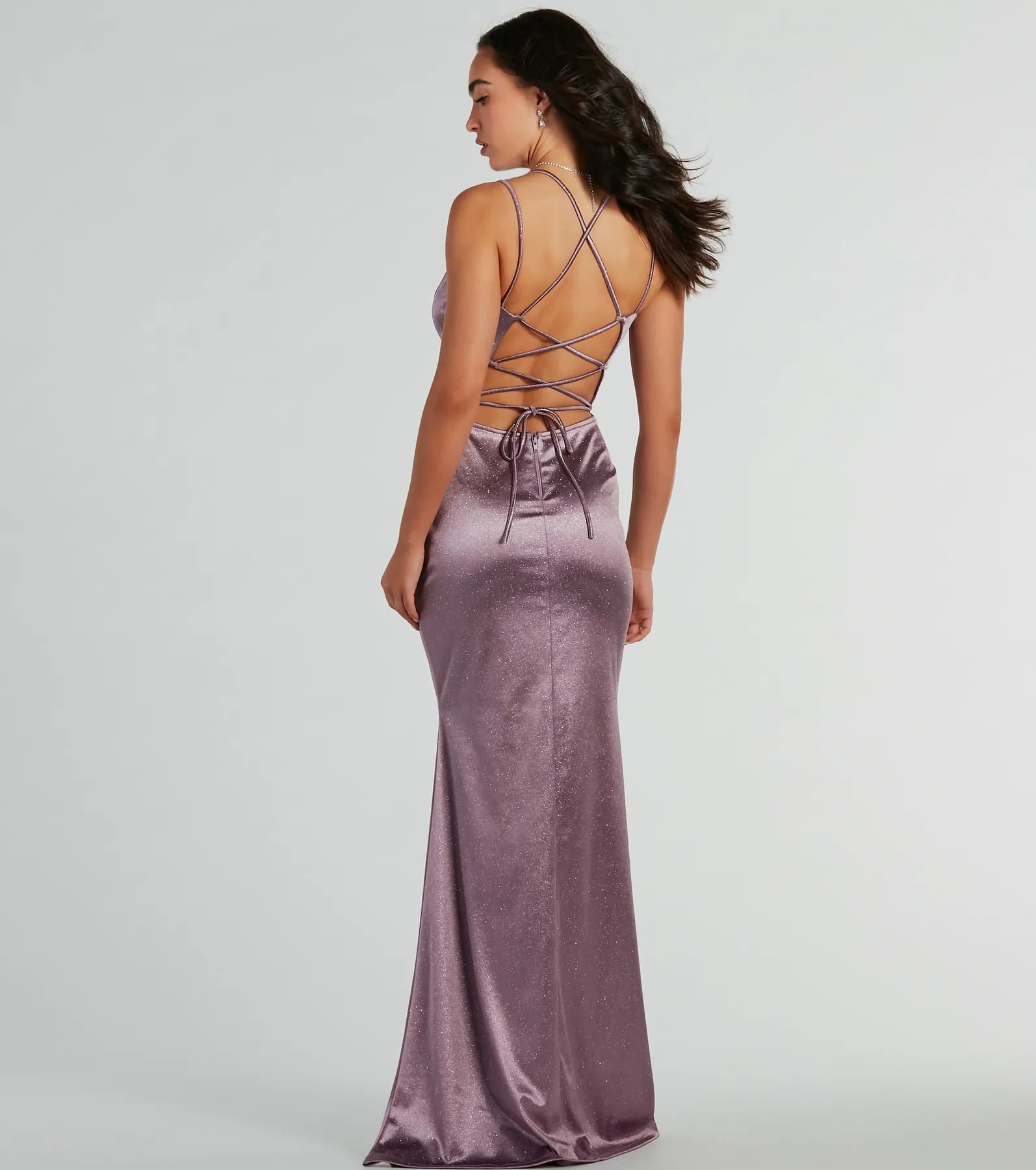 Premium Melanie Glitter Satin Formal Dress with Lace-Up Detail