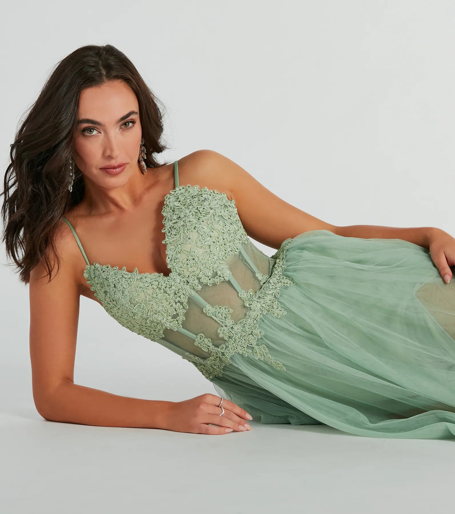 Fatima Premium Embroidered V-Neck Tulle Gown