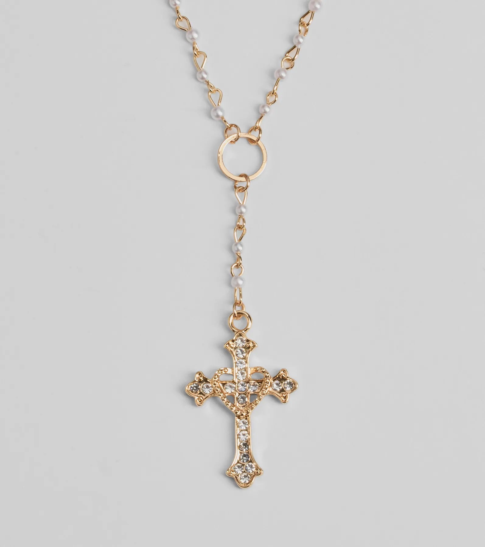 Ultimate Sparkle Rhinestone Cross Pearl Lariat Necklace - Elegant & Adjustable