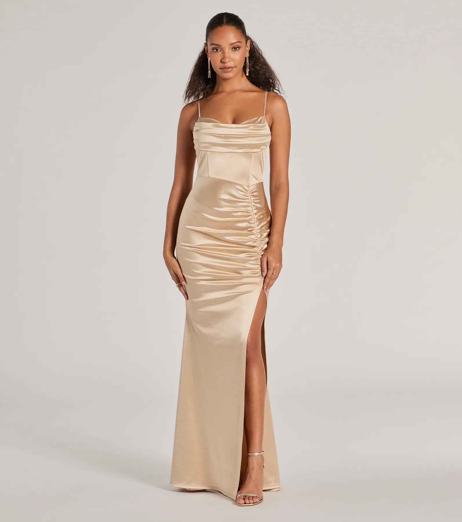 Premium Jazmine Satin Formal Dress with Cowl Neck & High Slit