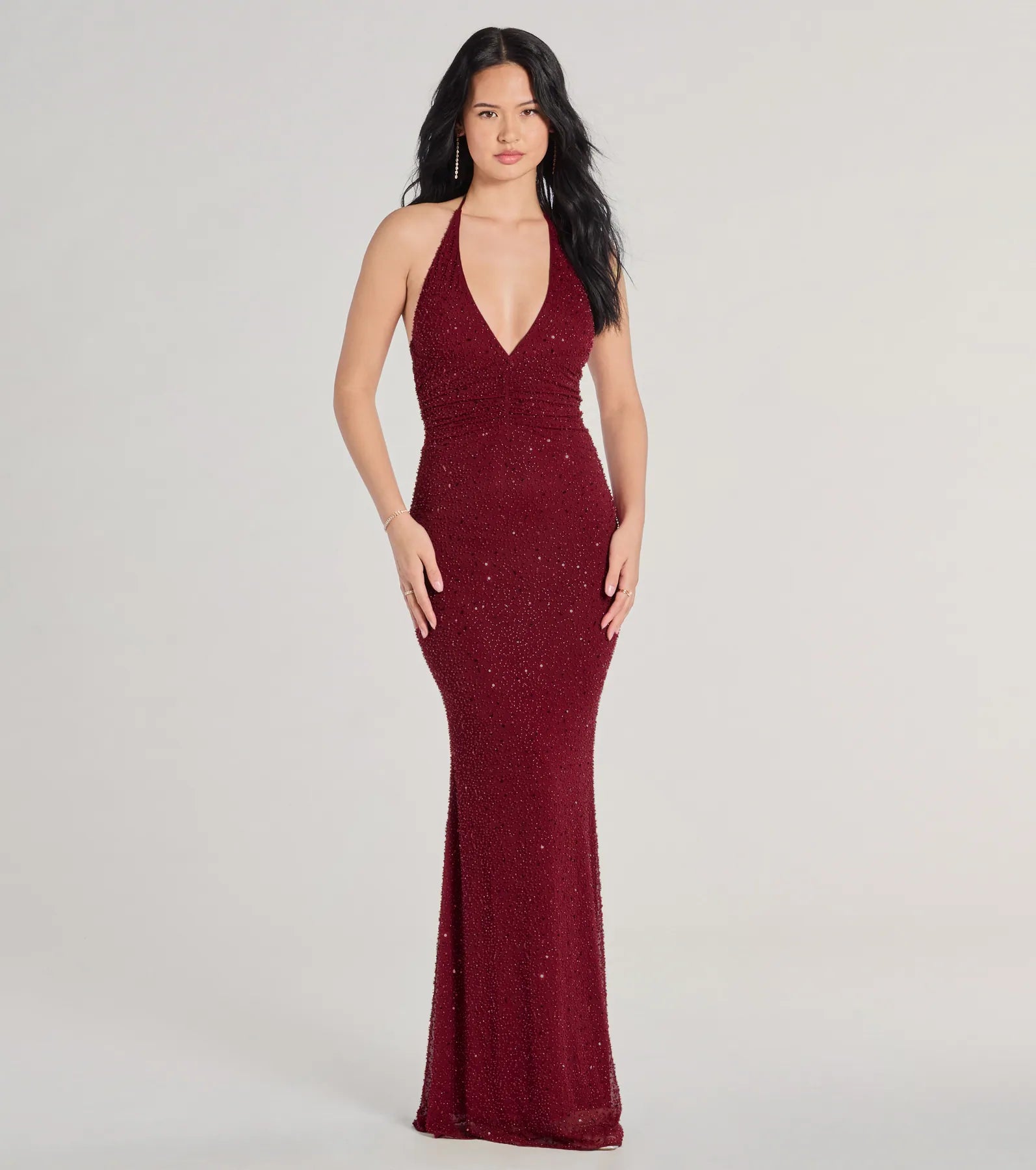 Premium Blake Halter V-Neck Beaded Formal Dress