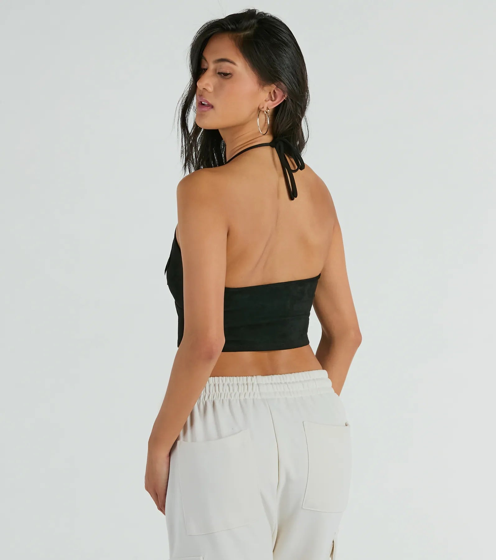 Ultimate Festive Icon V-Neck Fringe Halter Faux Suede Crop Top