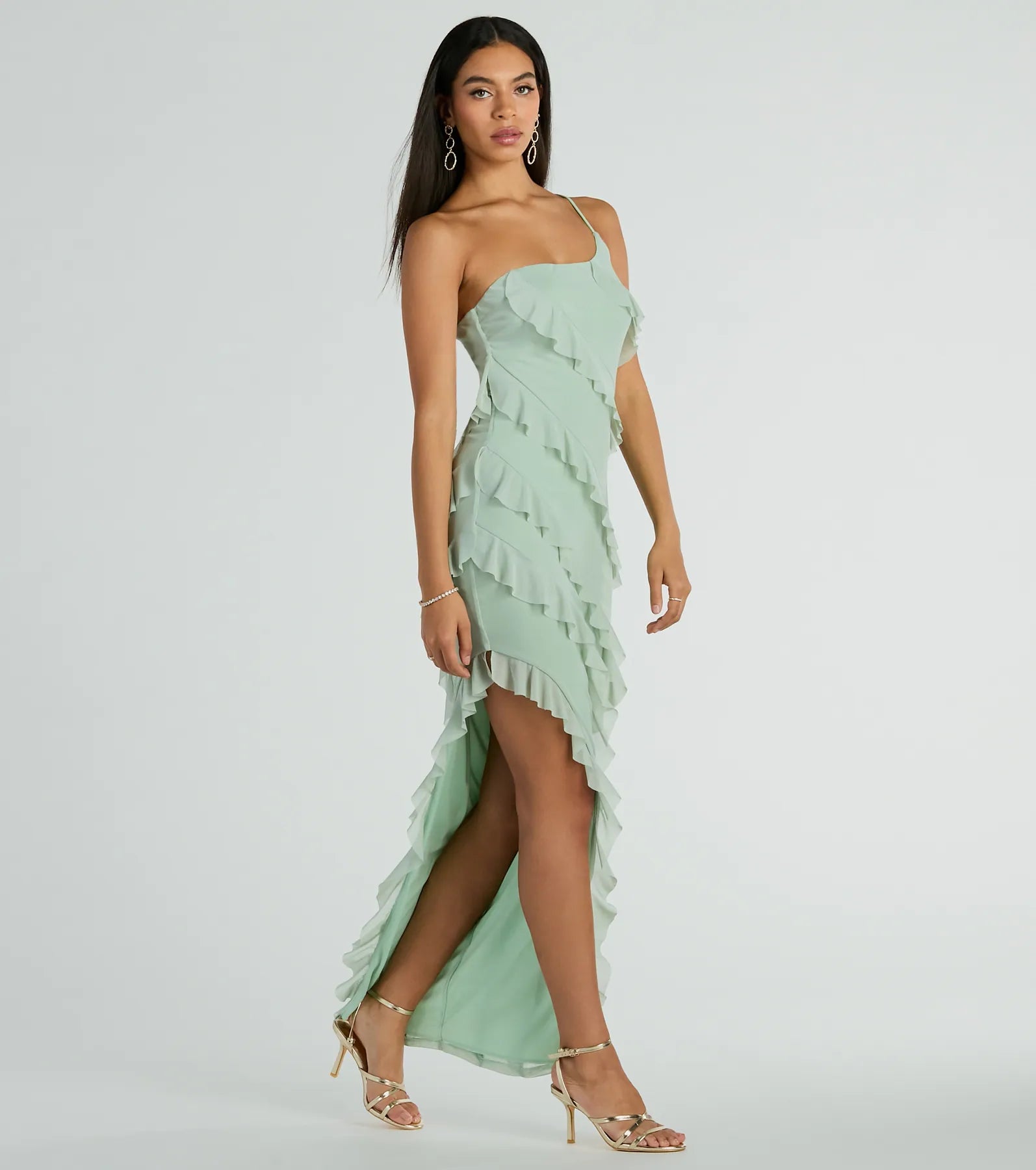 Jaymie Premium One-Shoulder Ruffle Slit Evening Dress