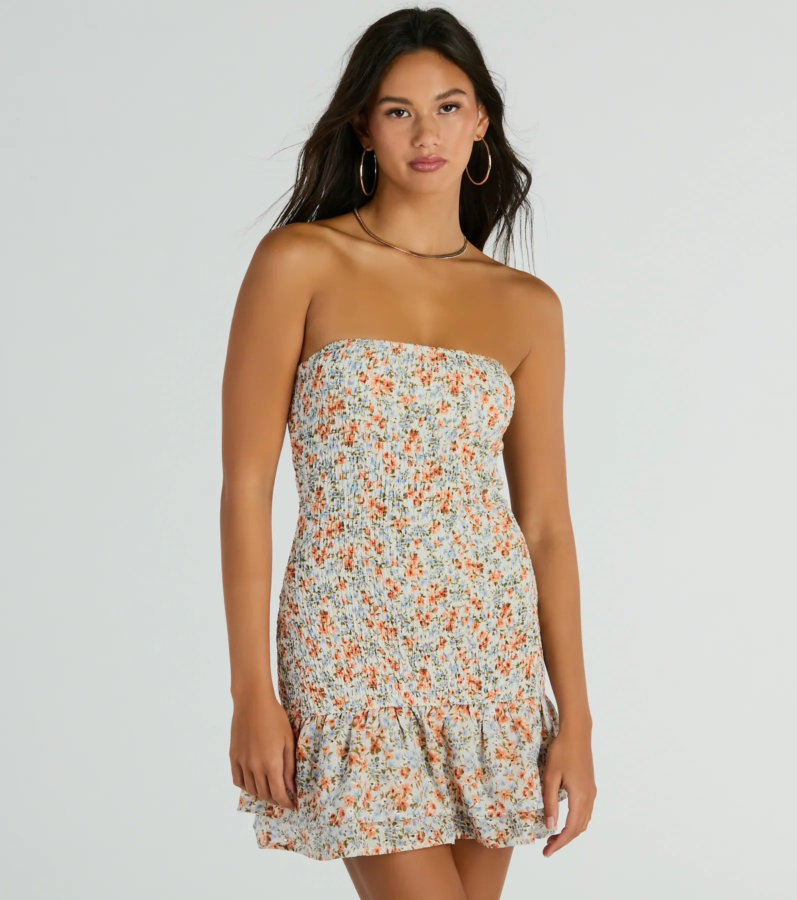 Ultimate Strapless Floral Ruffle Mini Dress