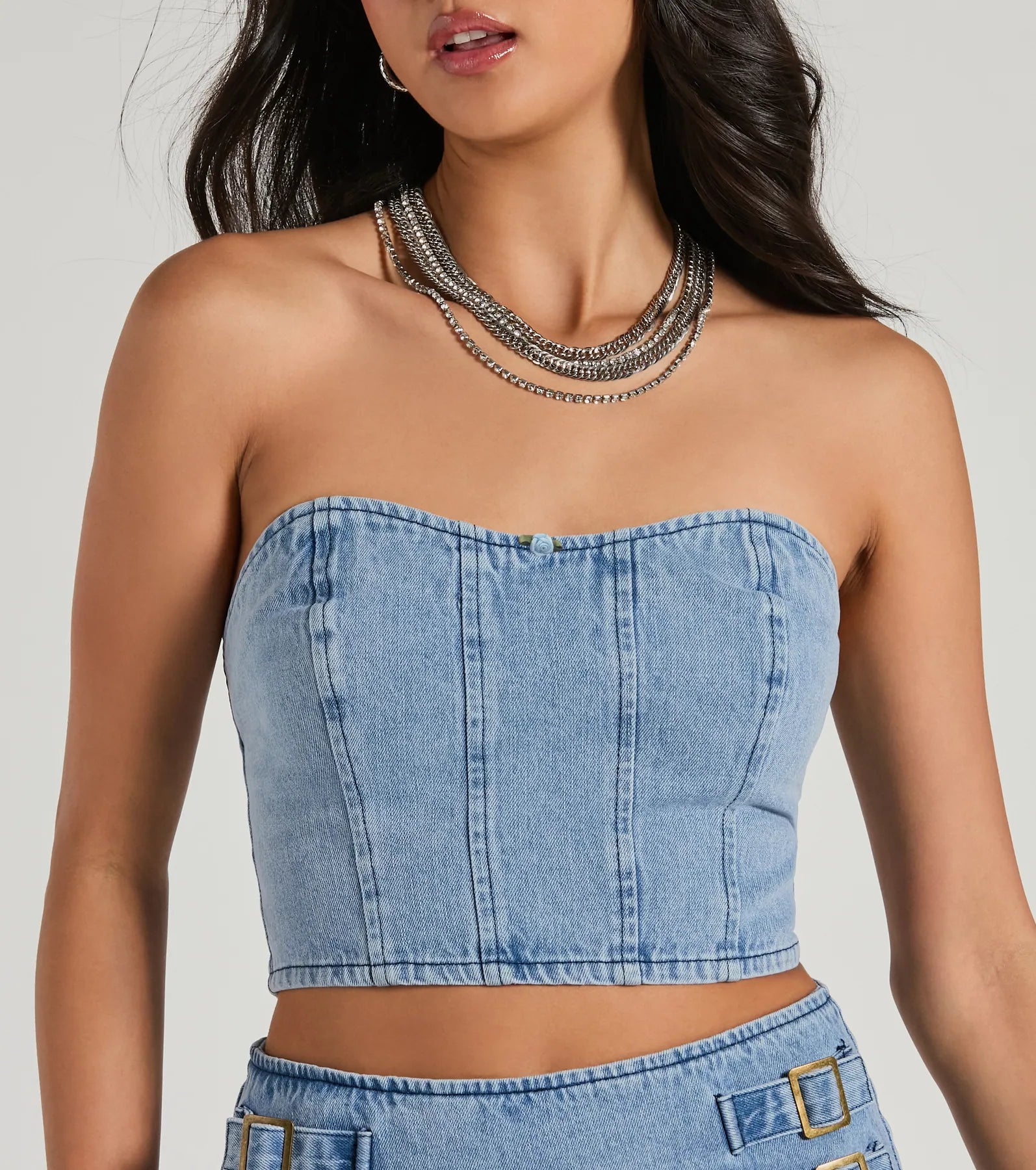 Ultimate Flirty Duo: Strapless Sweetheart Denim Crop Top