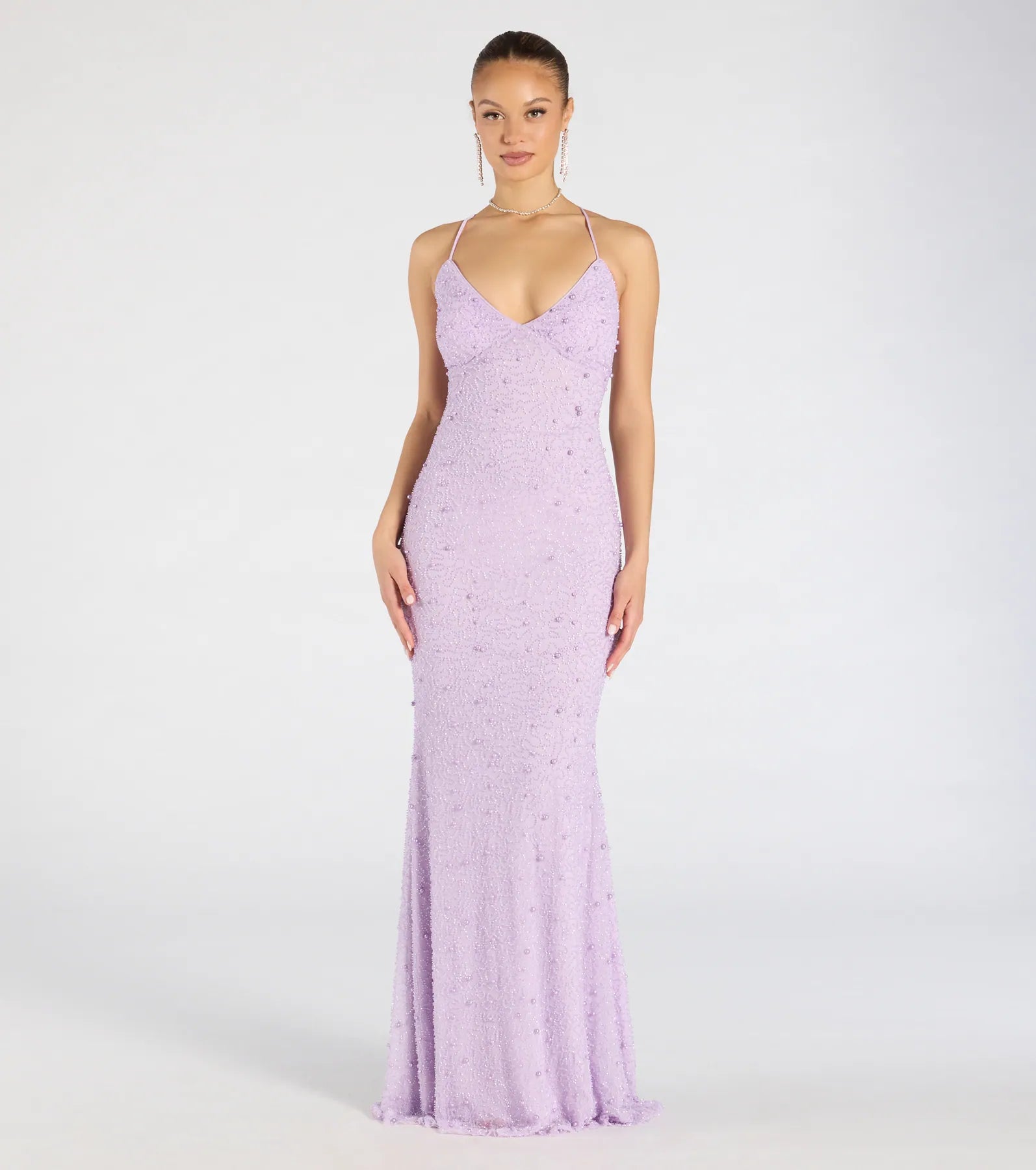 Premium Marlene Lace-Up Mermaid Gown with Beaded Pearl Accents