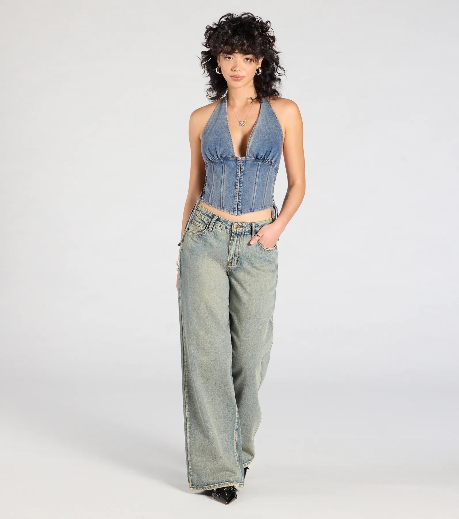 Ultimate Halter Lace-Up Denim Corset Top