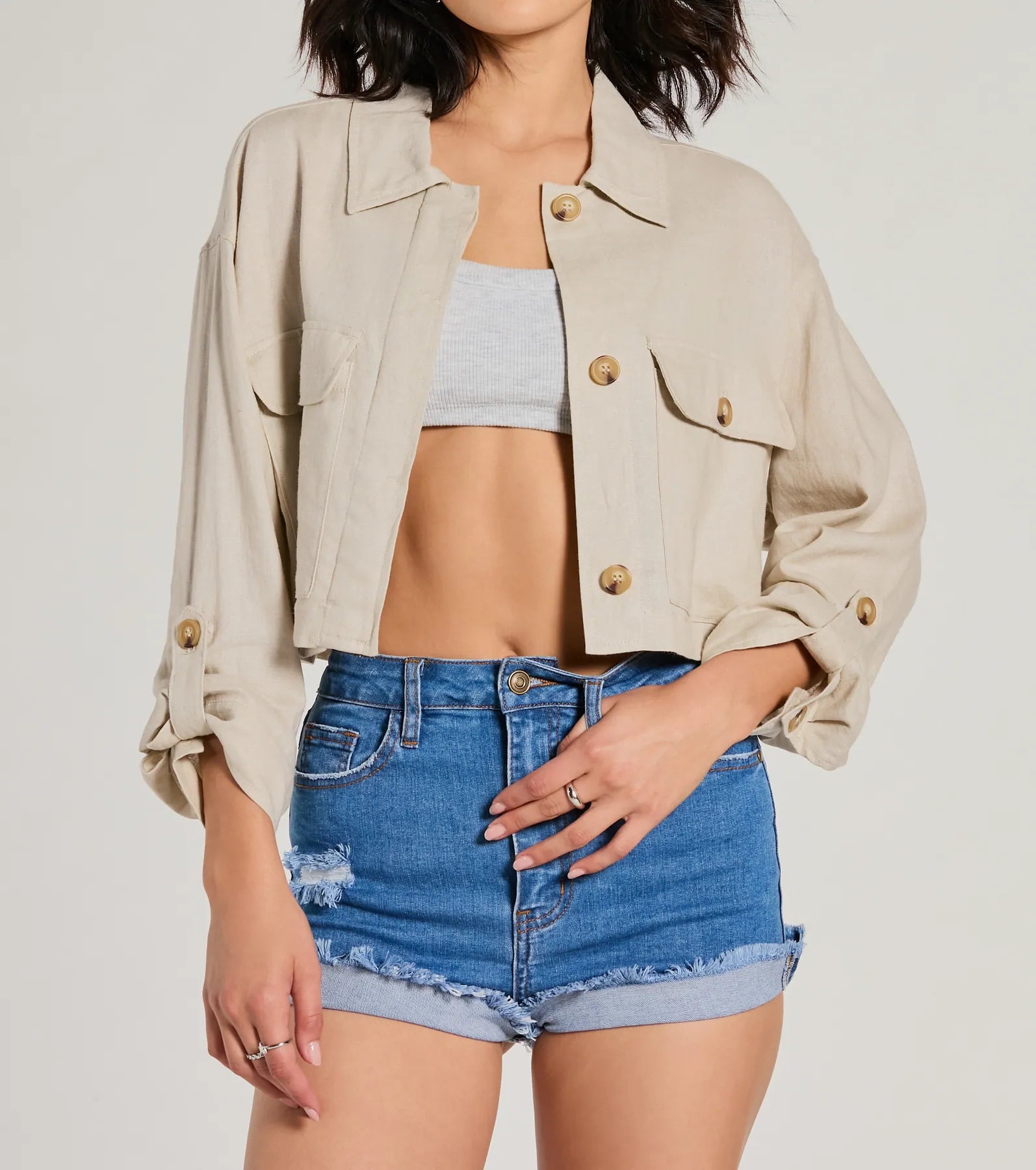 Premium Linen Blend Button-Up Cropped Shacket - Effortless Style Upgrade