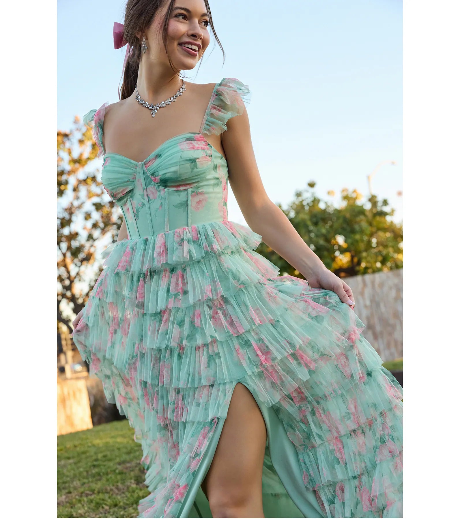 Ultimate Reyna Floral Corset Dress – Elegant A-Line with High Slit