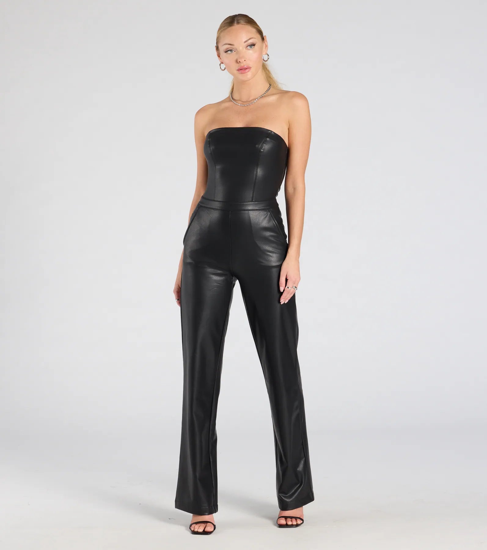 Ultimate Faux Leather Strapless Wide-Leg Jumpsuit