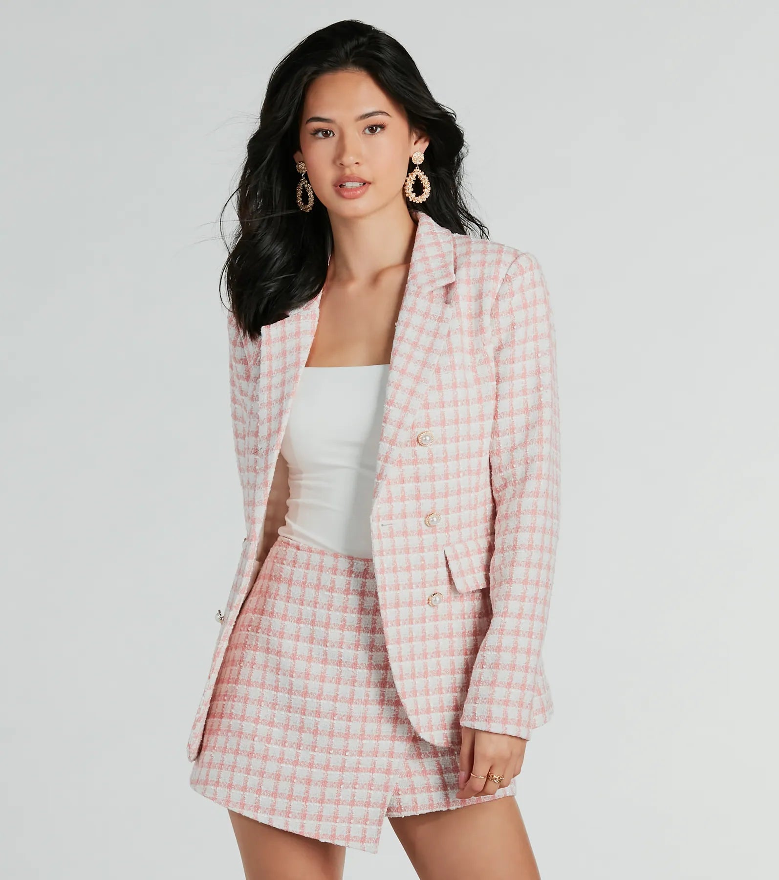 Premium Tweed Plaid Blazer with Faux Pearl Buttons - Ultimate Office Chic