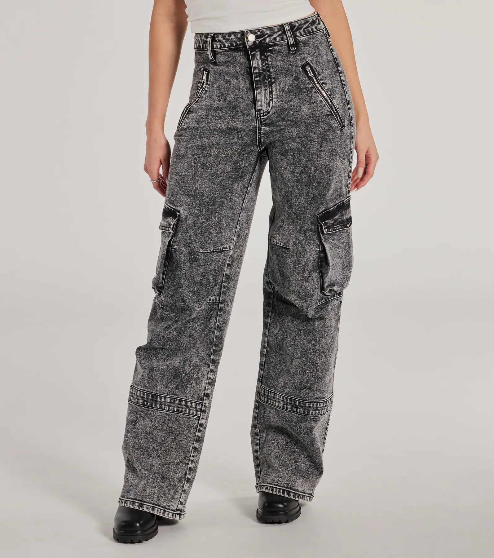 Ultimate High-Rise Cargo Acid Wash Jeans - Trendy & Relaxed Fit