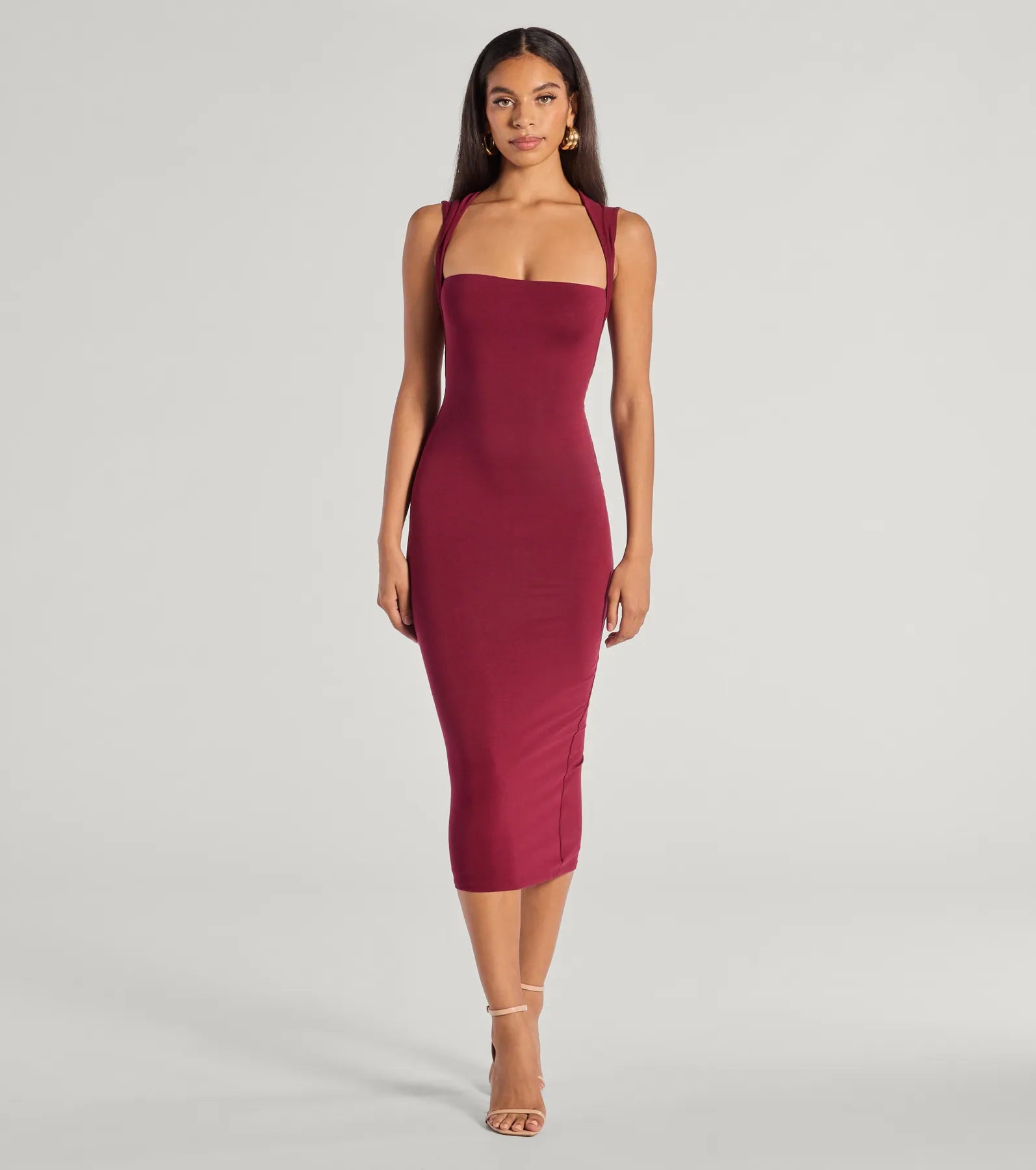 Premium Square Neck Bodycon Midi Dress - Ultimate Elegance