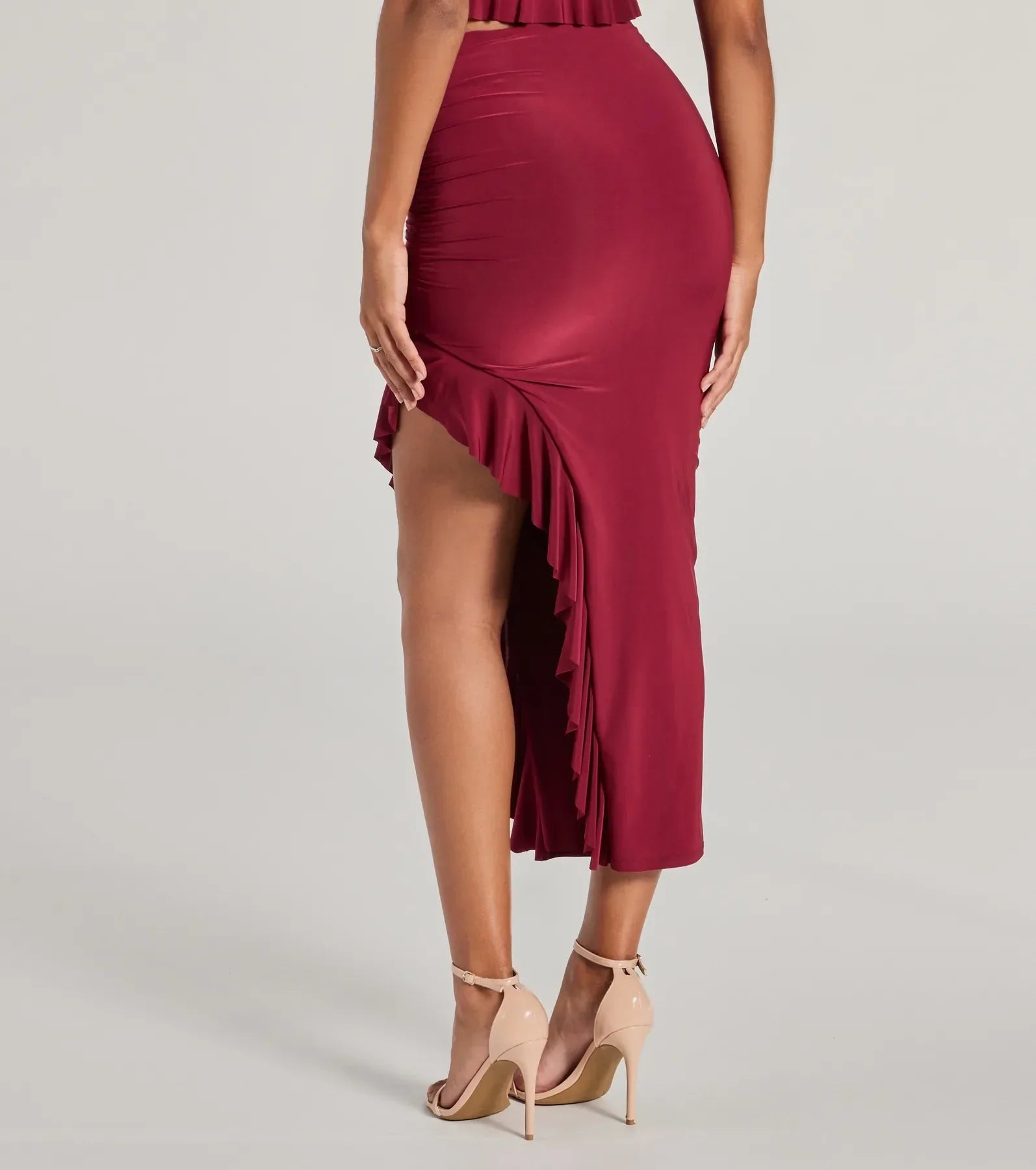 Ultimate Flirty Moves Ruffled Slit Knit Midi Skirt