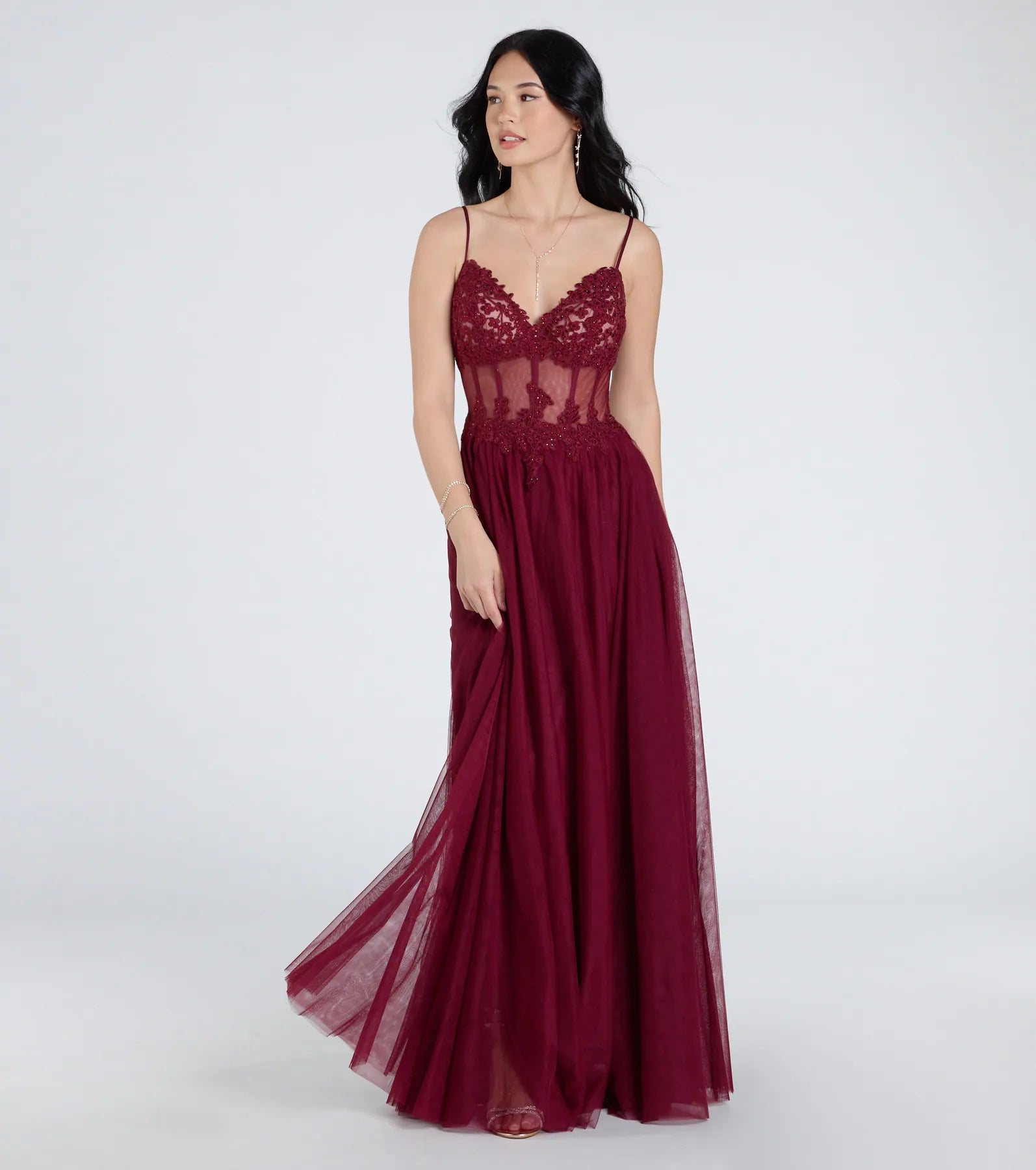 Fatima Premium Embroidered V-Neck Tulle Gown