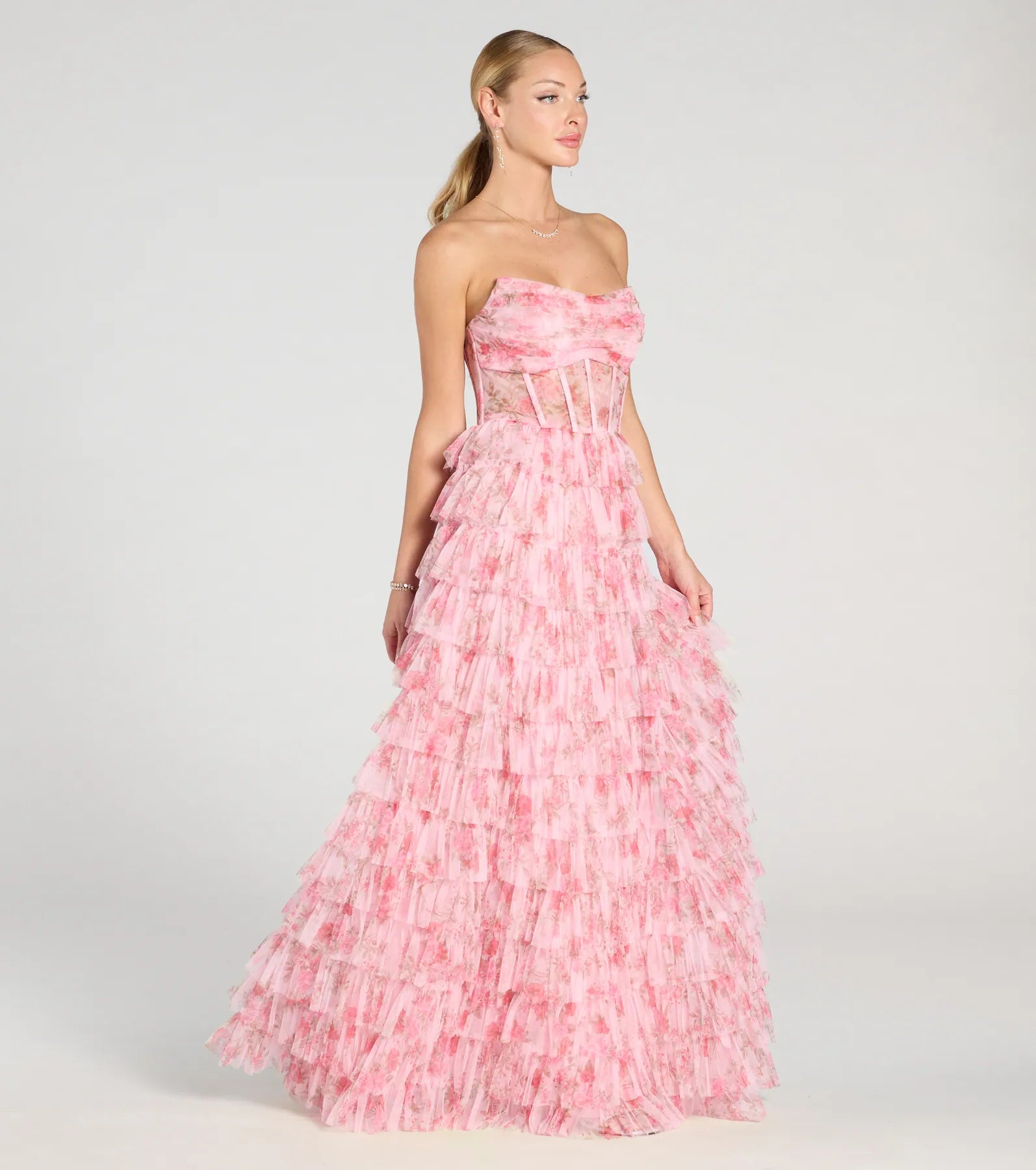 Premium Kira Strapless Floral Tulle Formal Gown