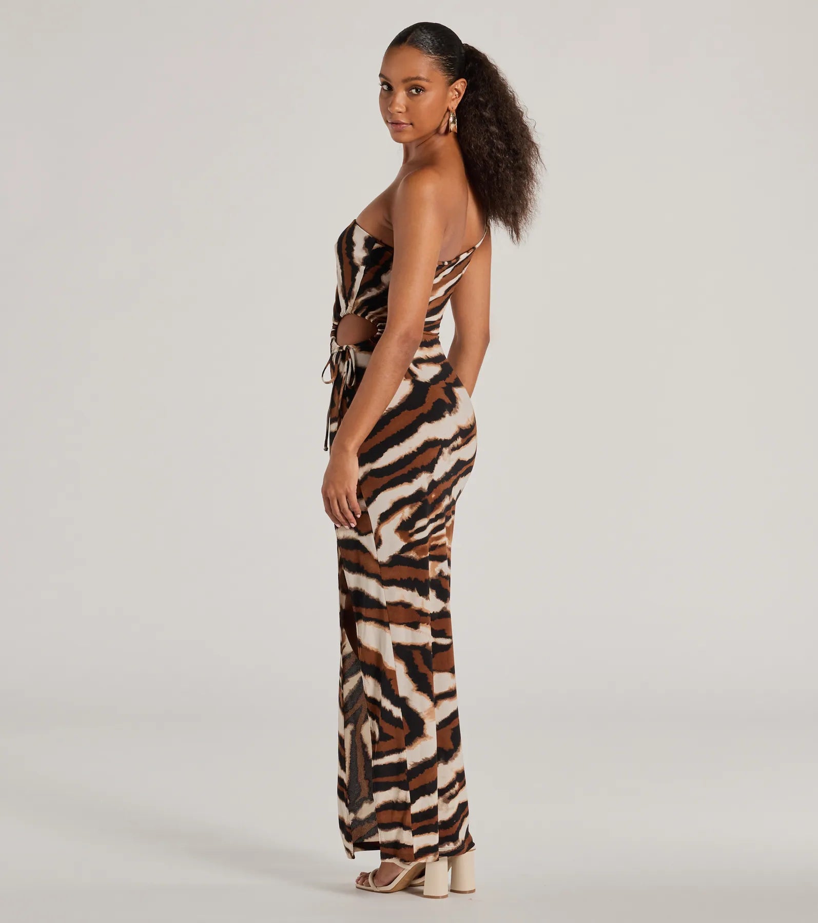 Ultimate Wild One-Shoulder Zebra Print Maxi Dress