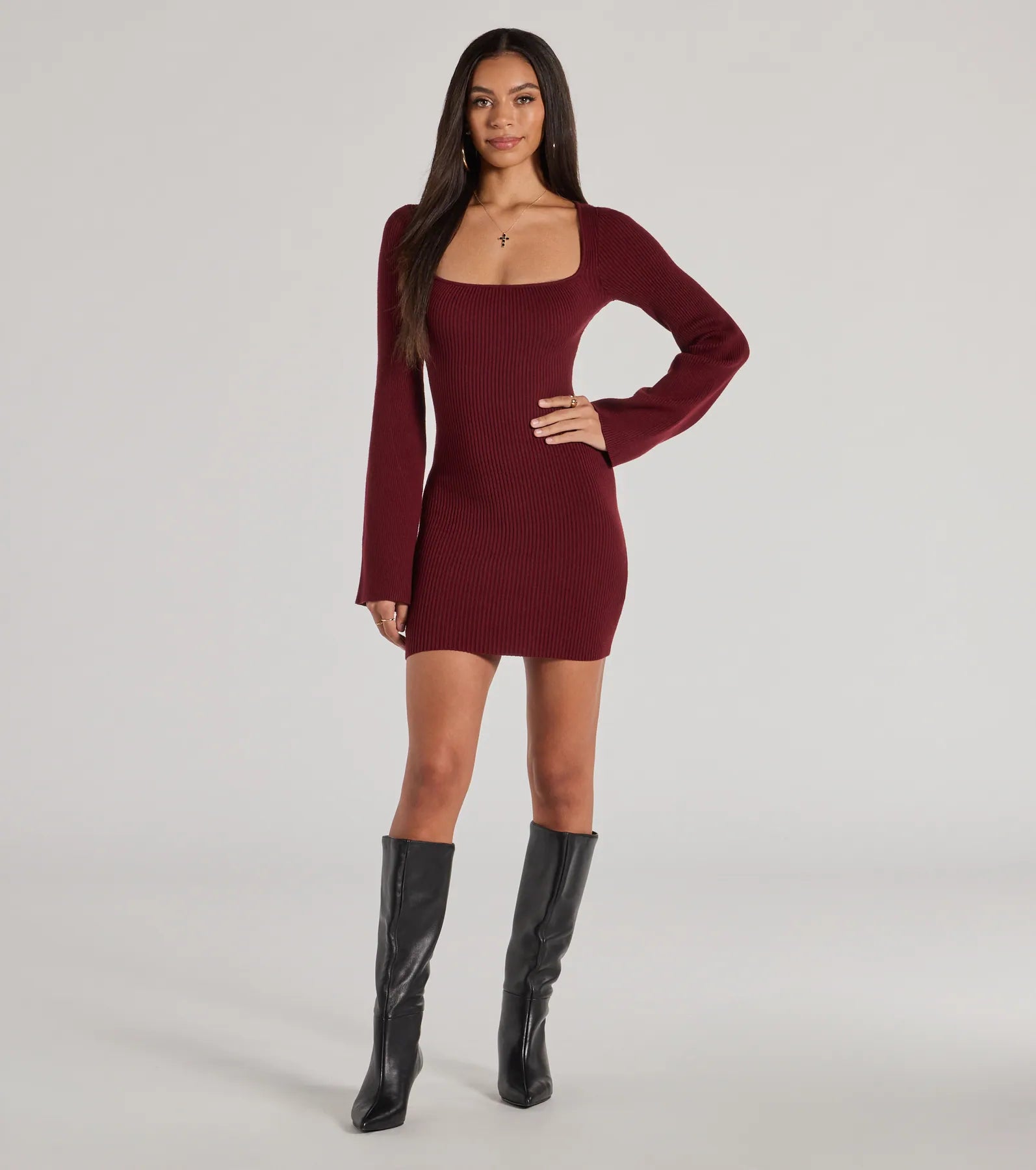 Ultimate Seasonal Ribbed Knit Bell Sleeve Mini Dress