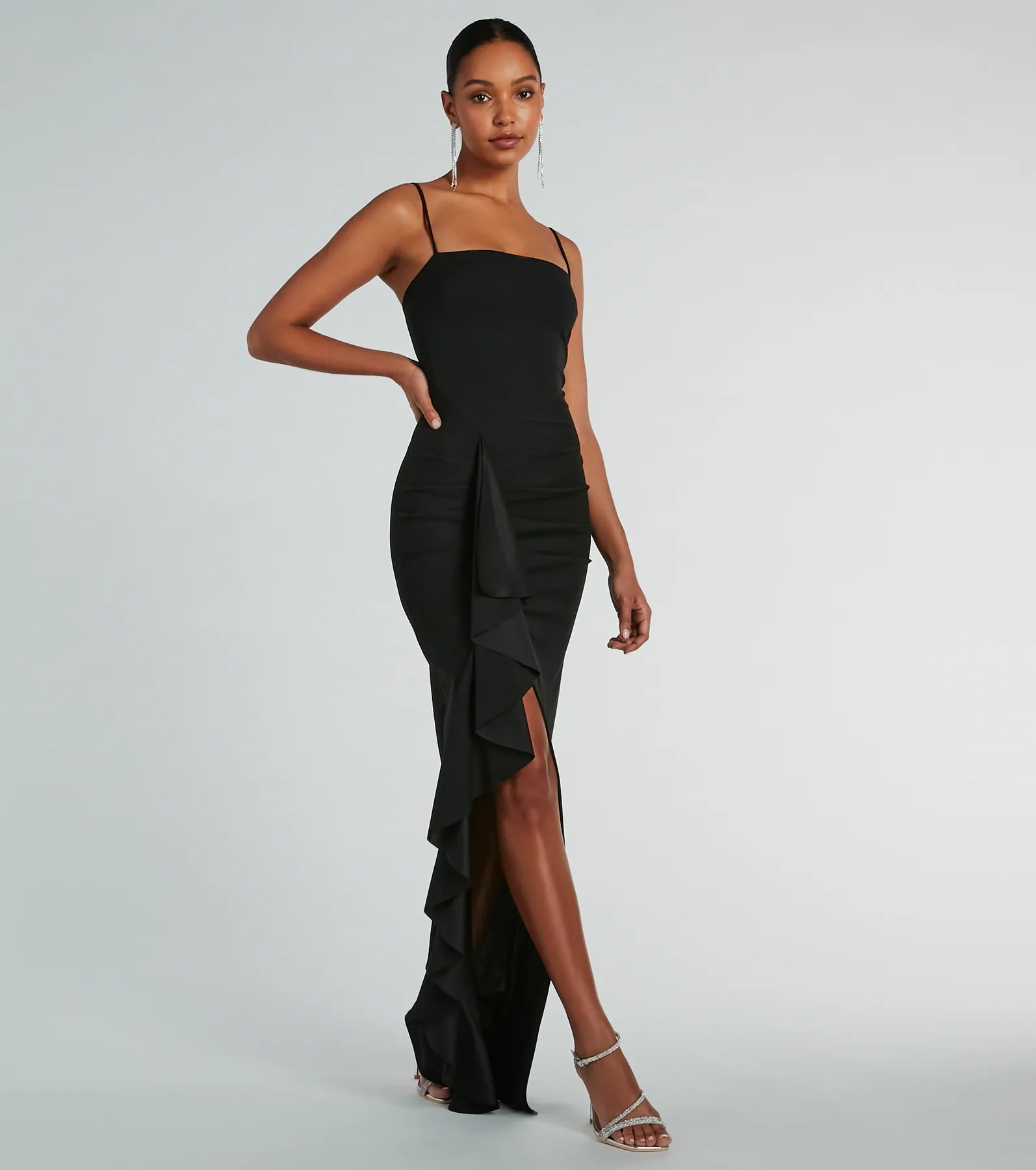 Premium Maggie Ruffled High Slit Crepe Evening Gown