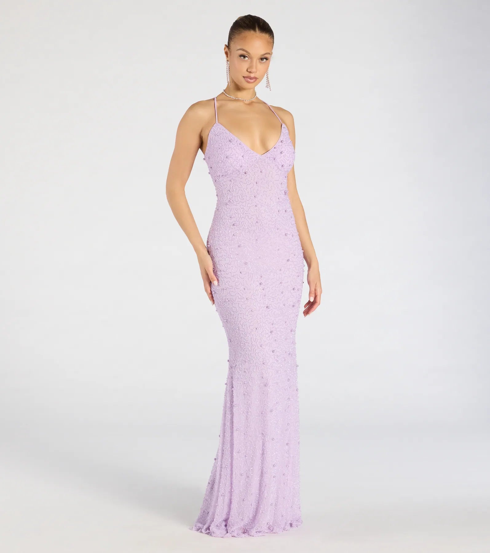 Premium Marlene Lace-Up Mermaid Gown with Beaded Pearl Accents