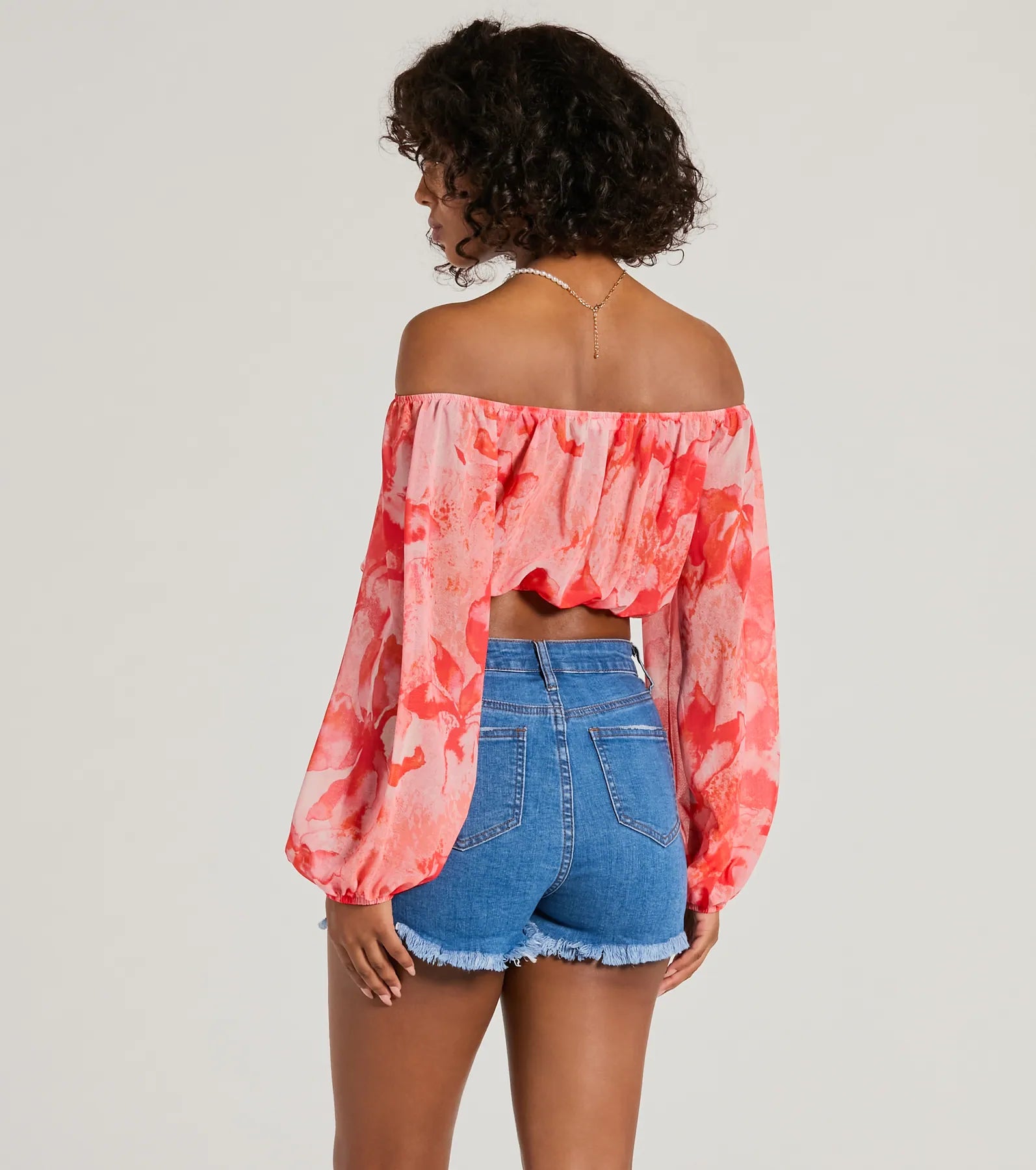 Premium Sunset Beauty Off-The-Shoulder Marble Chiffon Crop Top