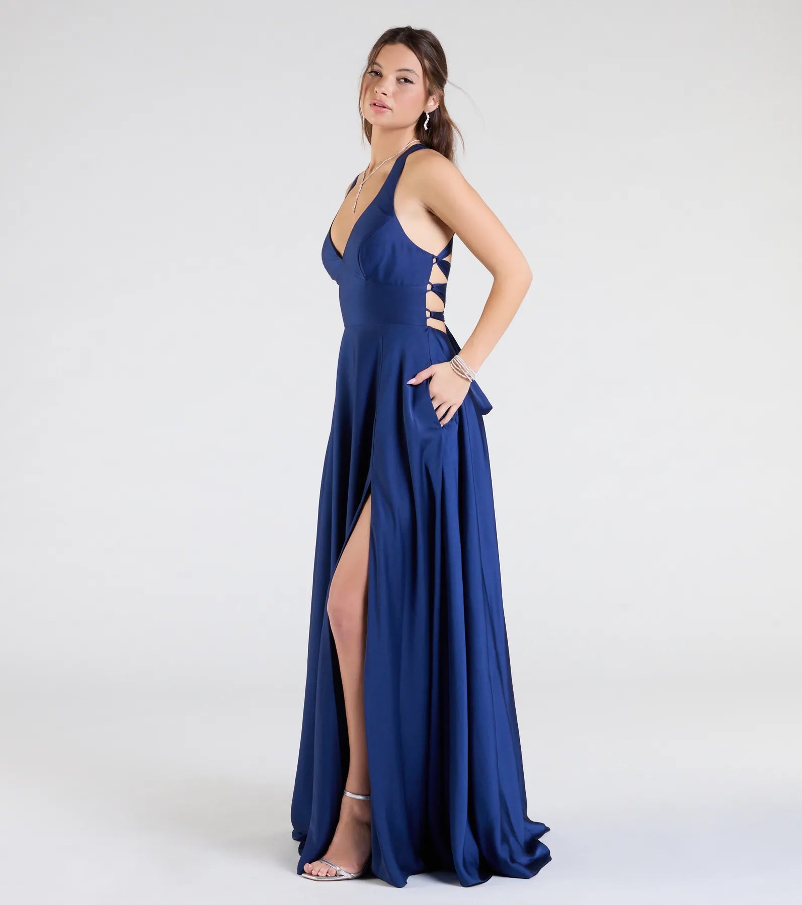 Ultimate Abbey Lace-Up Satin Formal Dress with High Slit