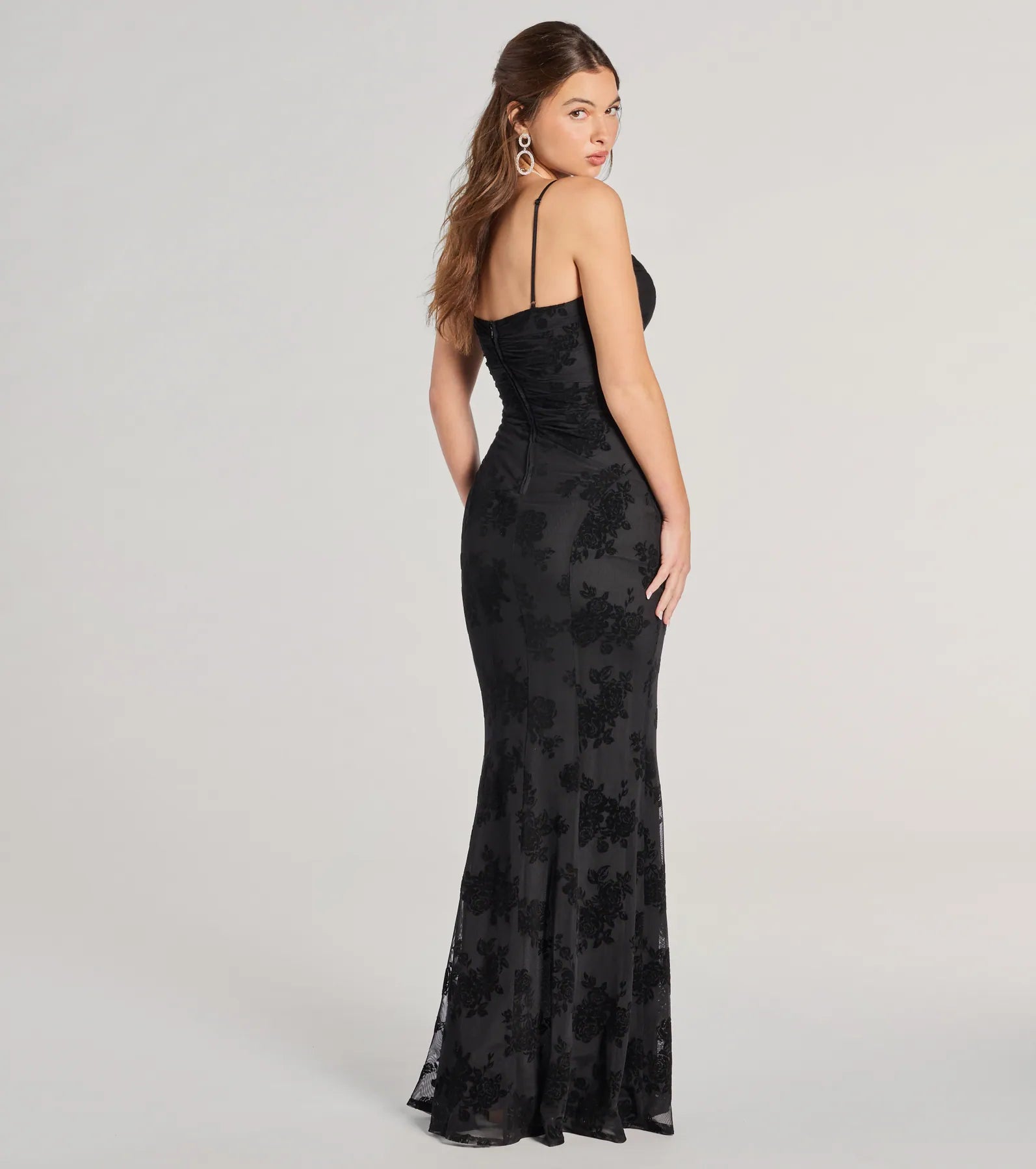 Premium Ria Flocked Floral Velvet Formal Evening Gown