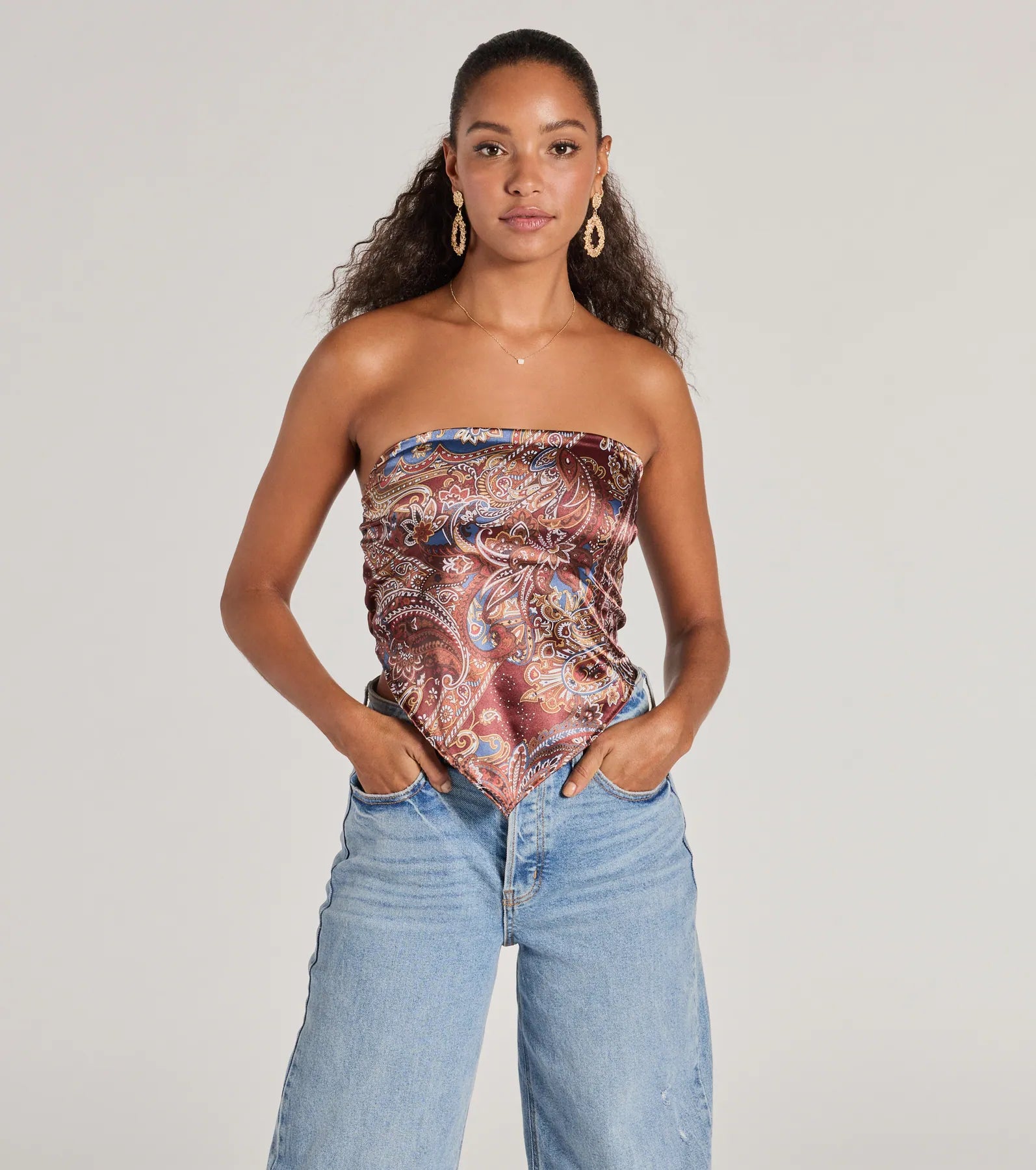 Premium Sangria Sunset Strapless Paisley Satin Crop Top