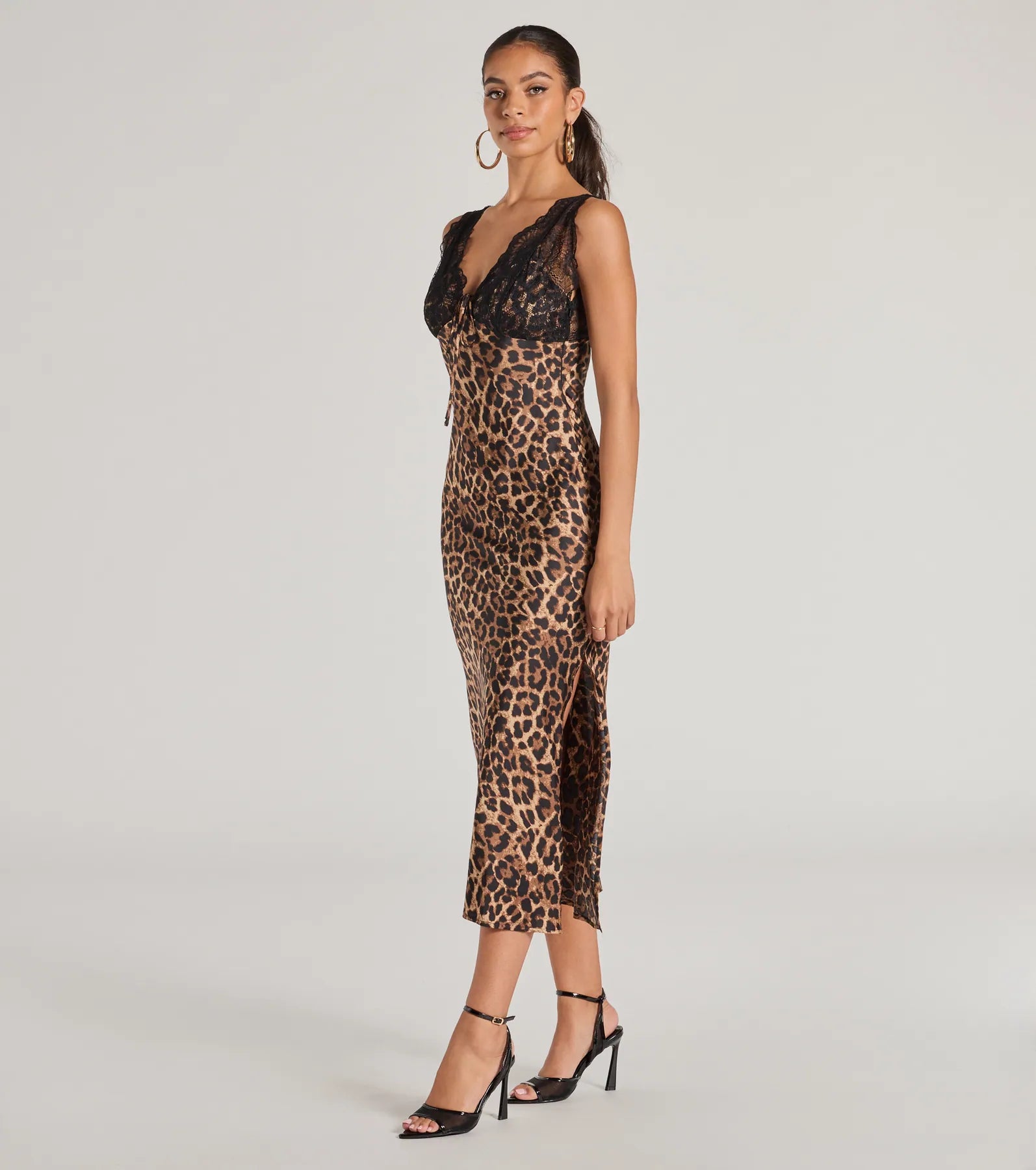 Ultimate Sleek Leopard Print Lace & Satin Midi Dress