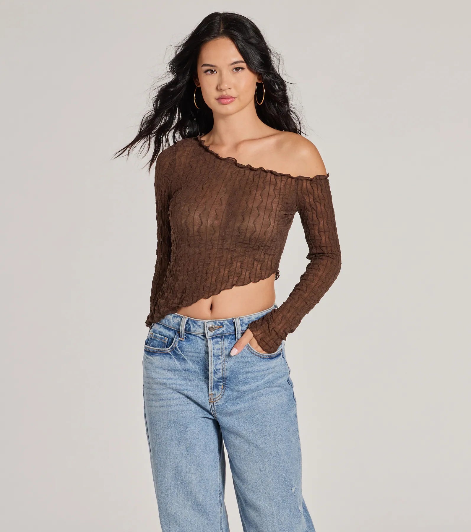 Ultimate Trend Allure Sheer Crop Top - Asymmetrical Long Sleeve