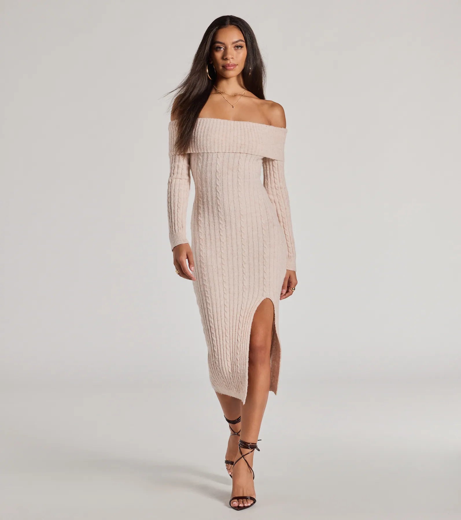 Premium Cozy Luxe Cable Knit Off-The-Shoulder Midi Dress - Ultimate Comfort & Style