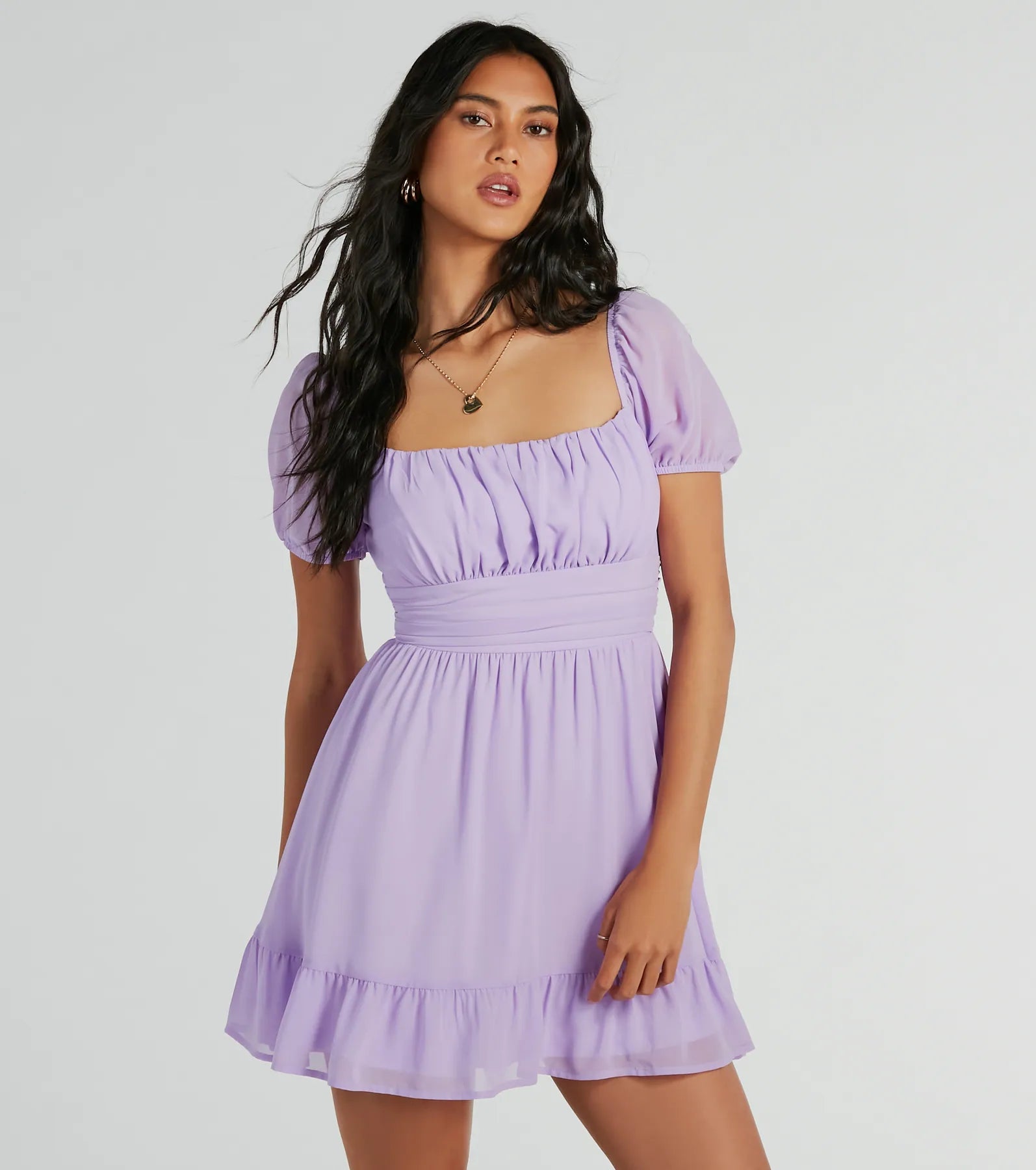 Ultimate Charming Puff Sleeve Chiffon Skater Dress