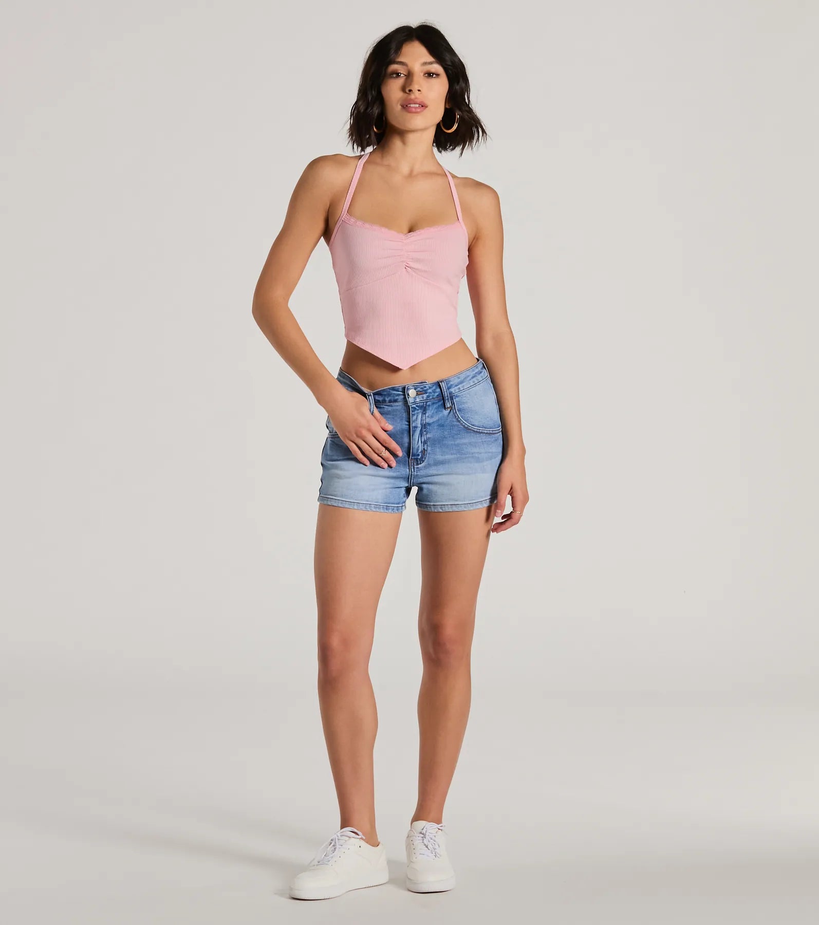 Ultimate Chic Halter V-Neck Lace Trim Crop Top