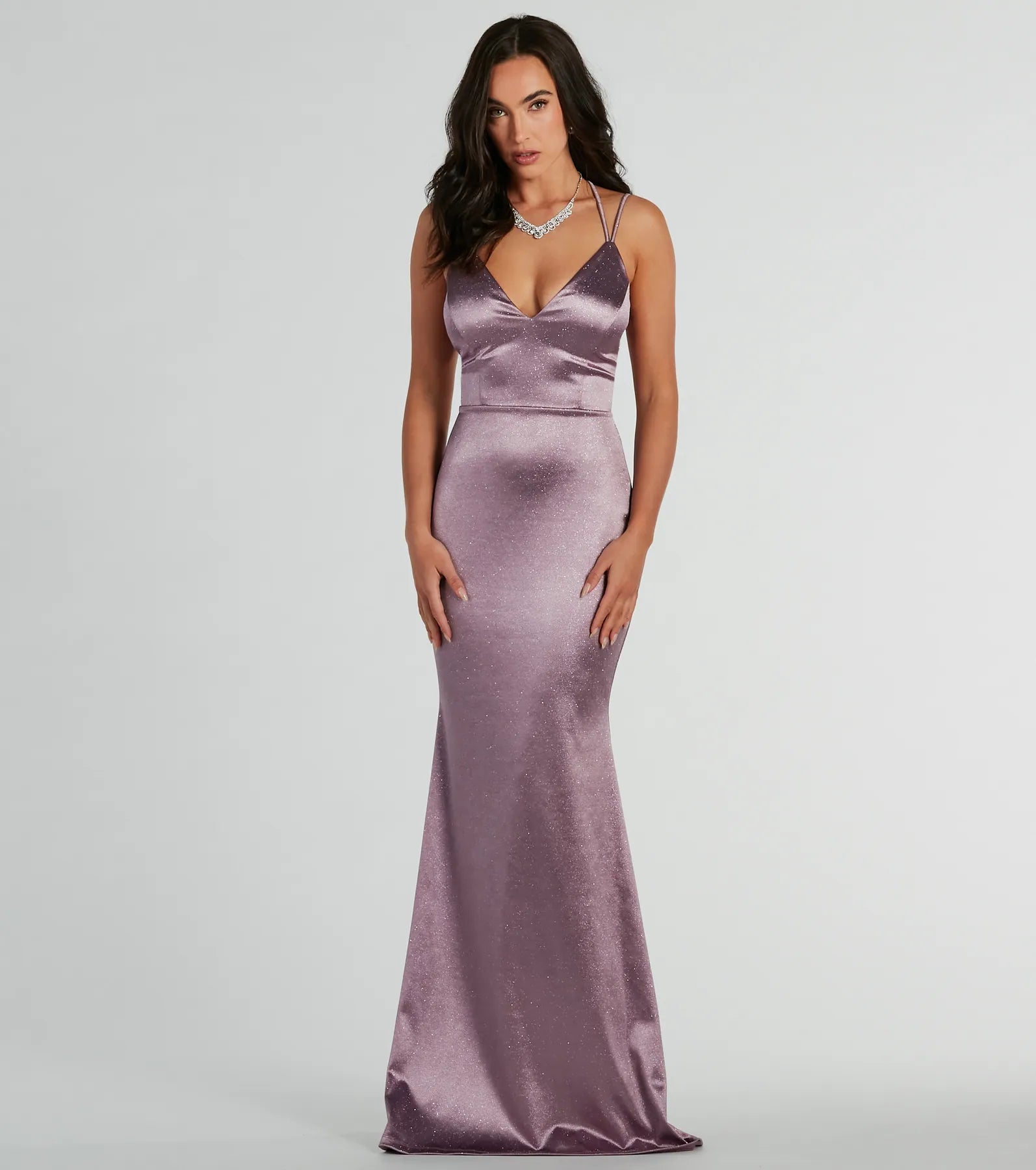 Premium Melanie Glitter Satin Formal Dress with Lace-Up Detail