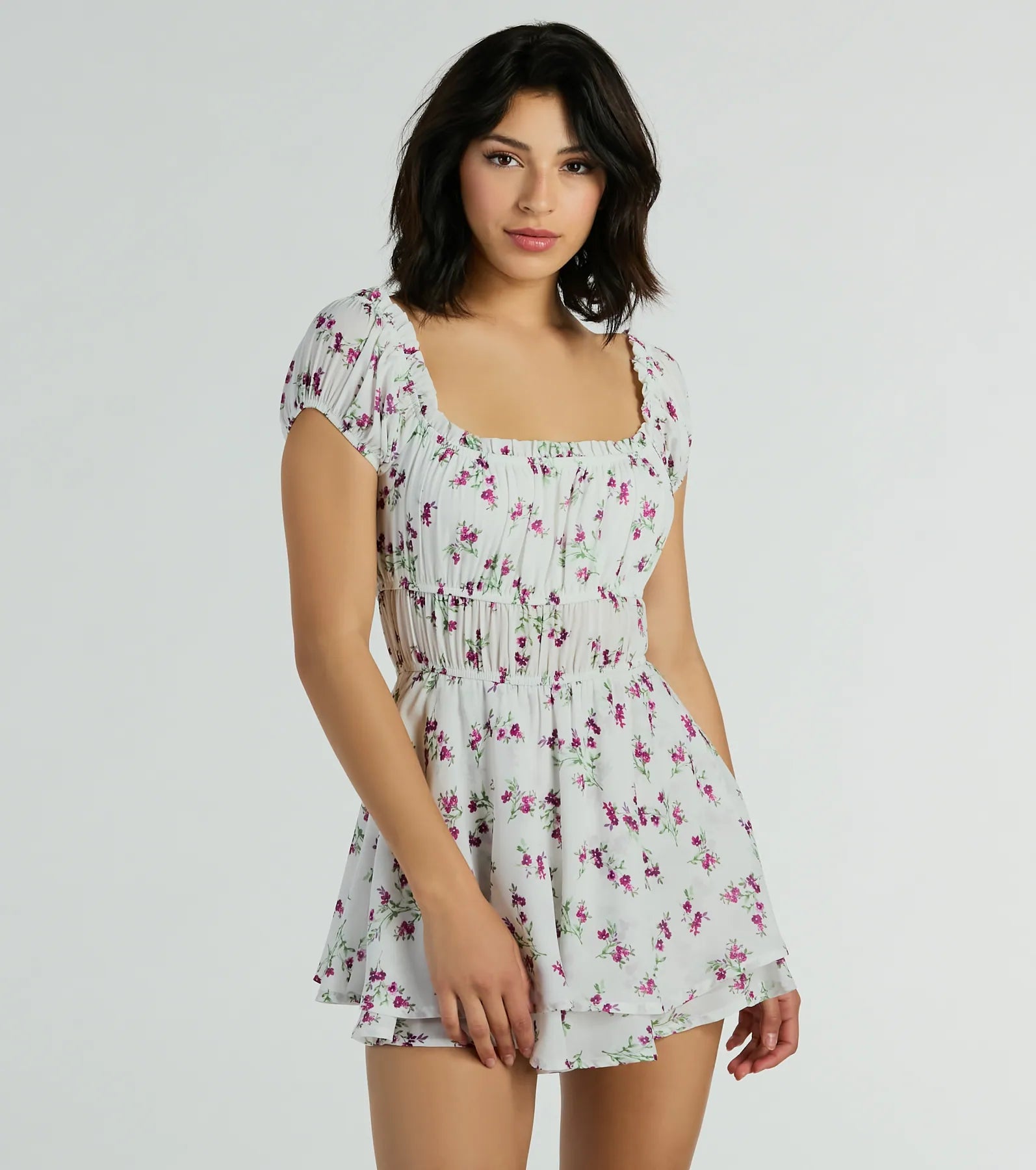 Ultimate Floral Chiffon Romper with Puff Sleeves - The Cutest Vibe