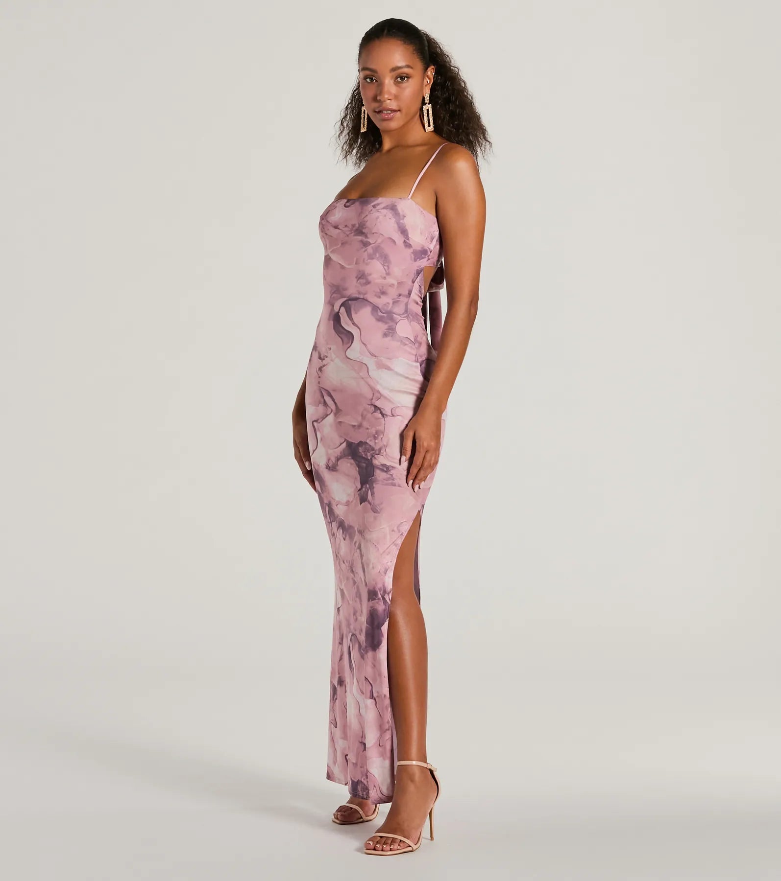 Premium Marble Print Tie-Back Maxi Dress with Slit