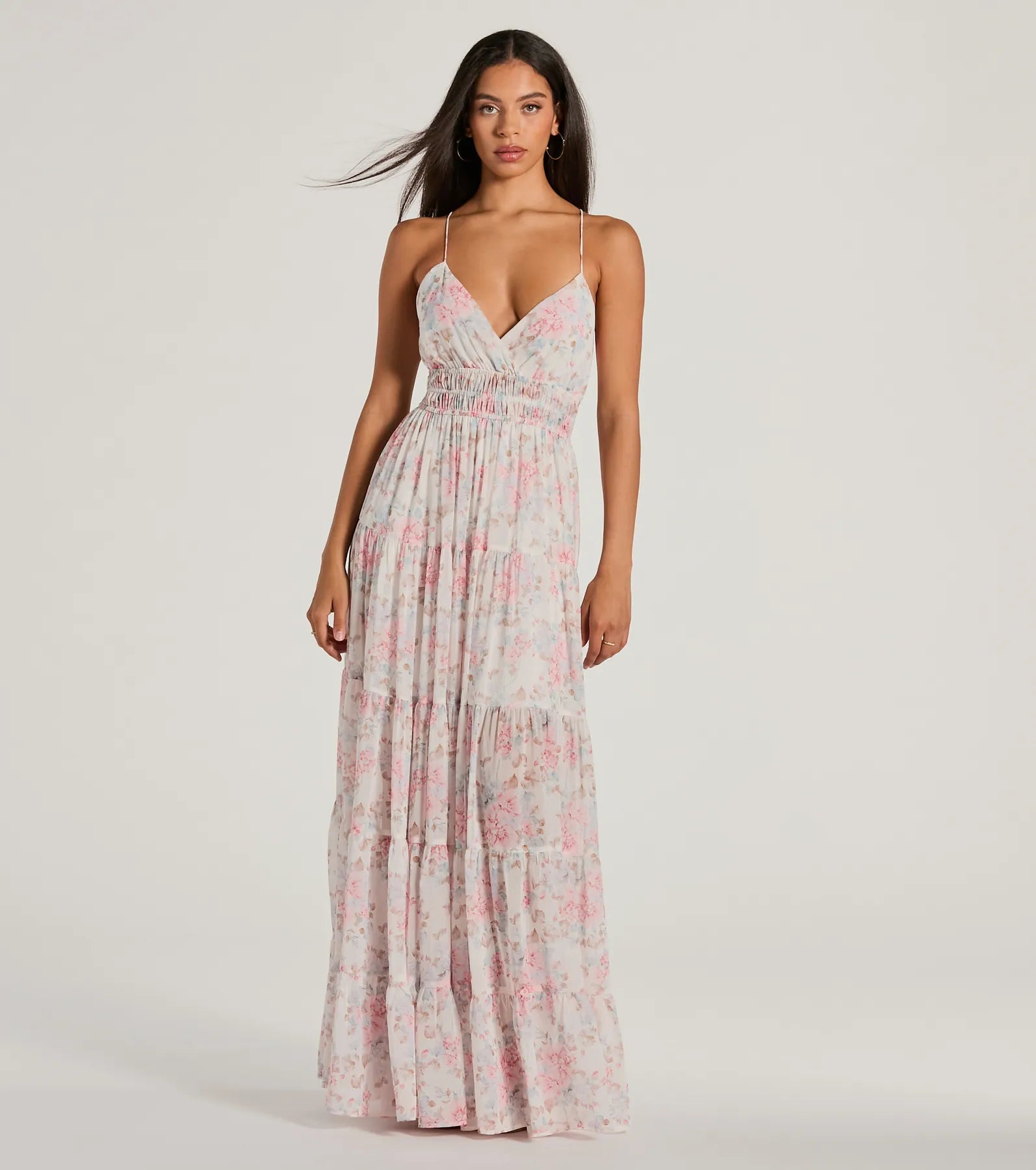 Premium Floral Chiffon Maxi Dress with Lace-Up Back