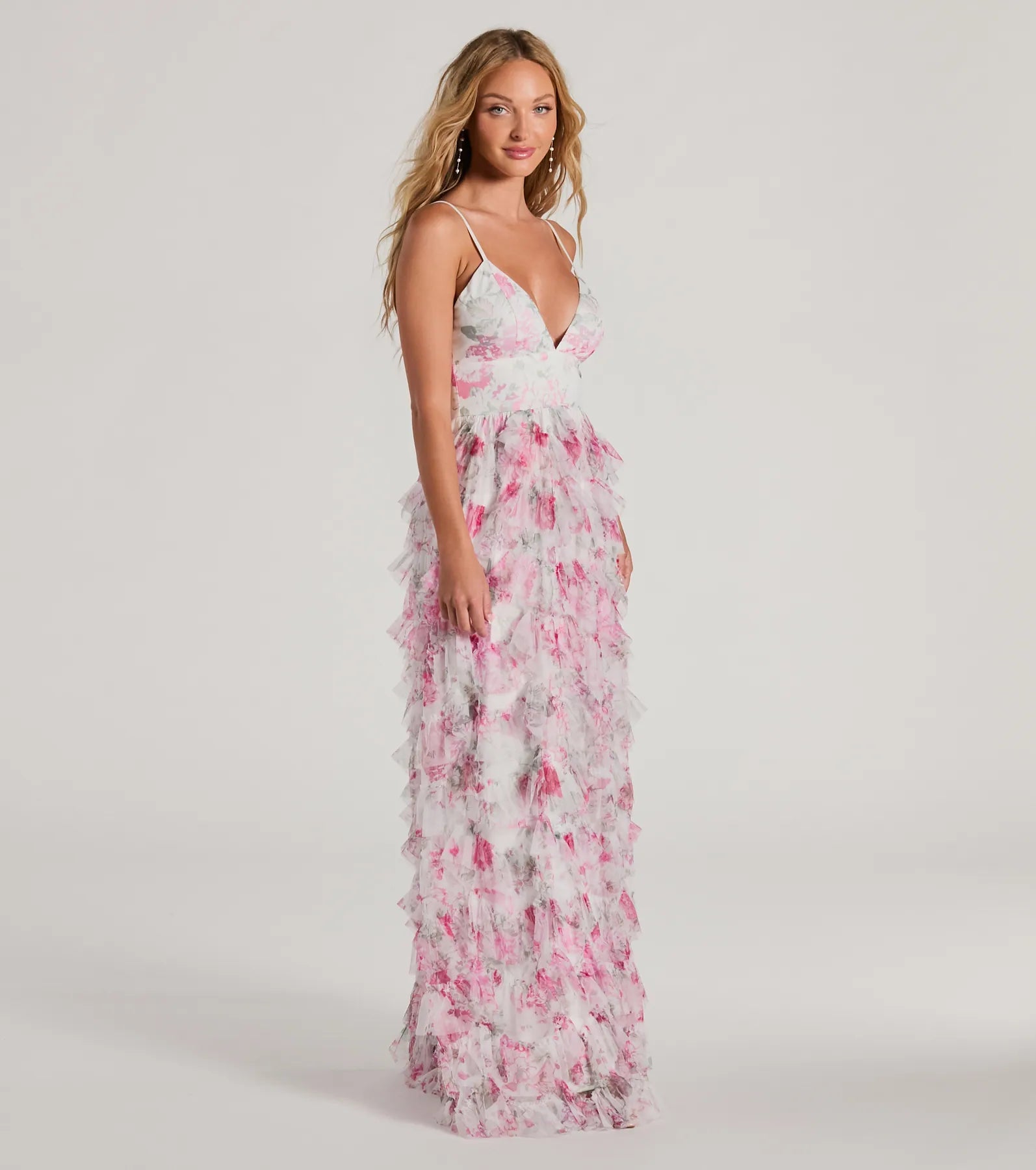 Premium Maisie V-Neck Ruffle Floral A-Line Evening Gown