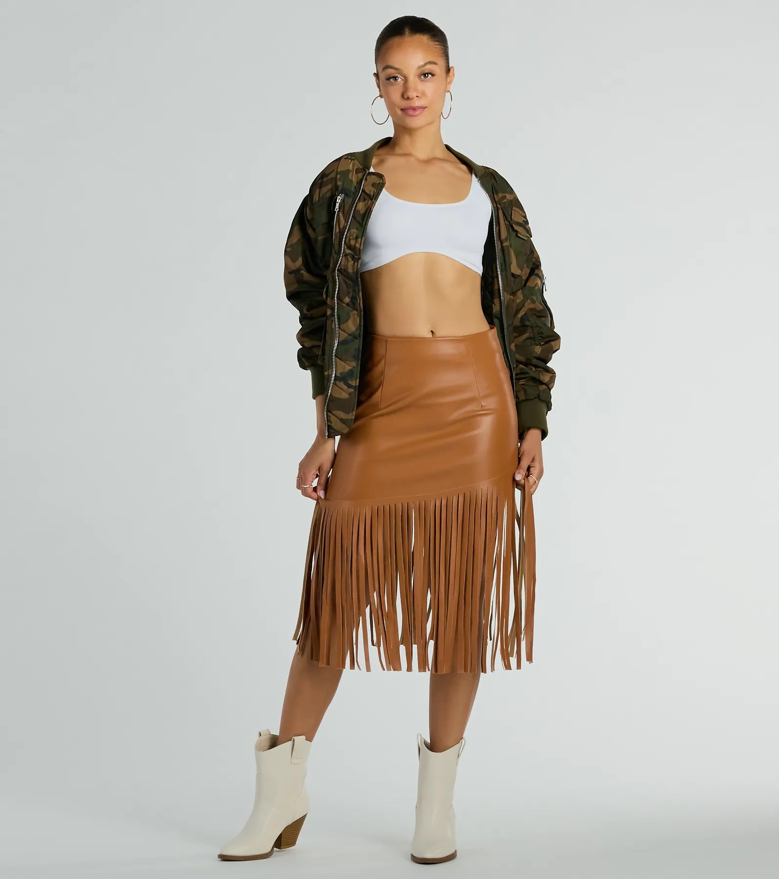 Ultimate Country Style Faux Leather Fringe Midi Skirt