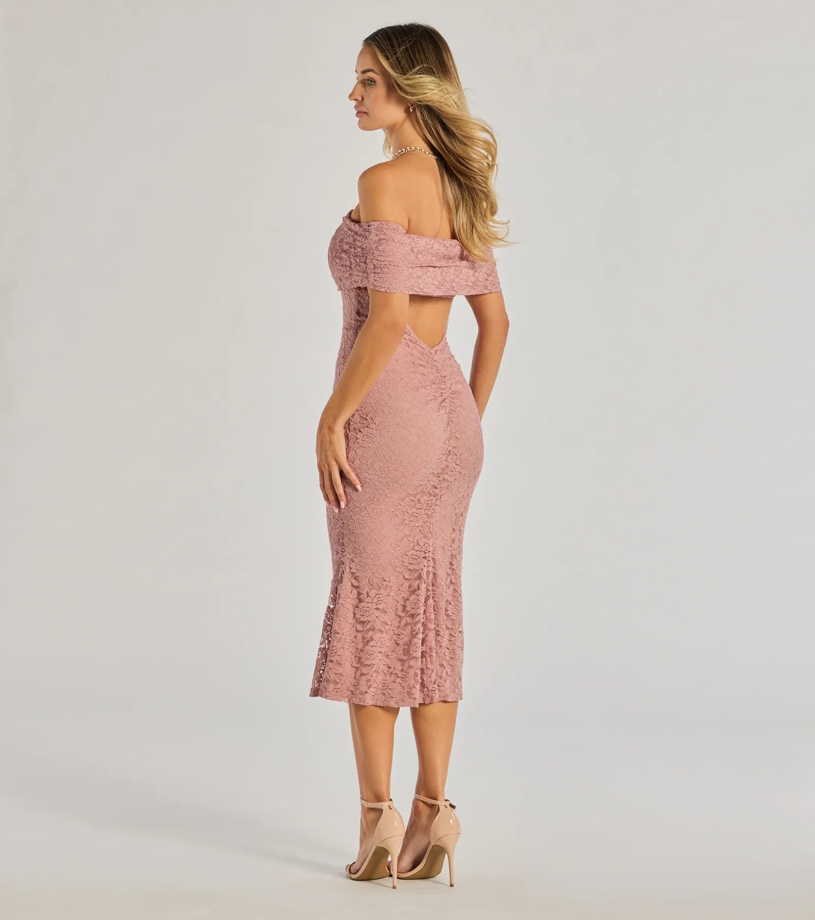 Ultimate Romantic Lace Off-The-Shoulder Midi Dress