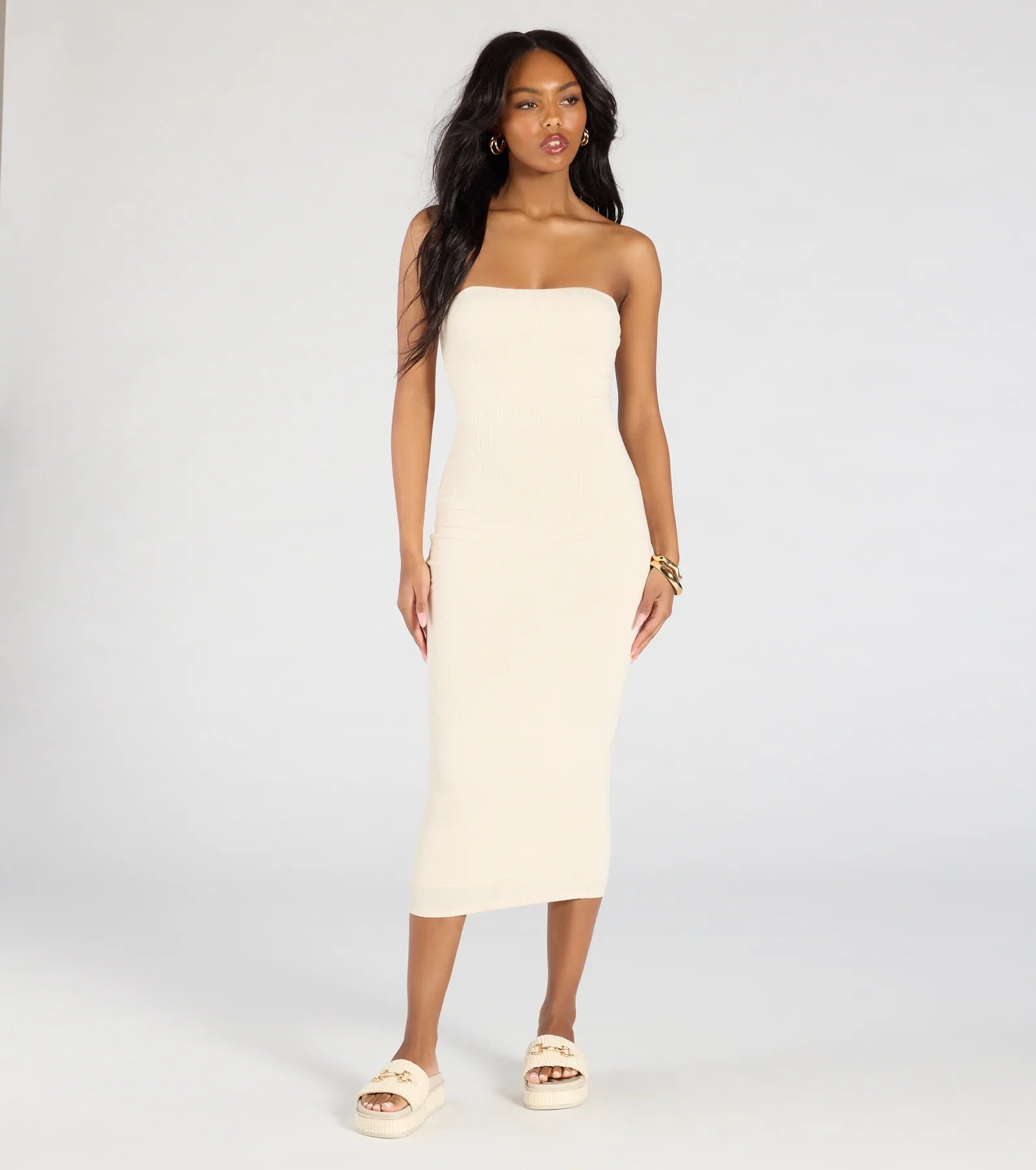 Ultimate Strapless Ribbed Knit Midi Dress - Simply Chic & Form-Fitting