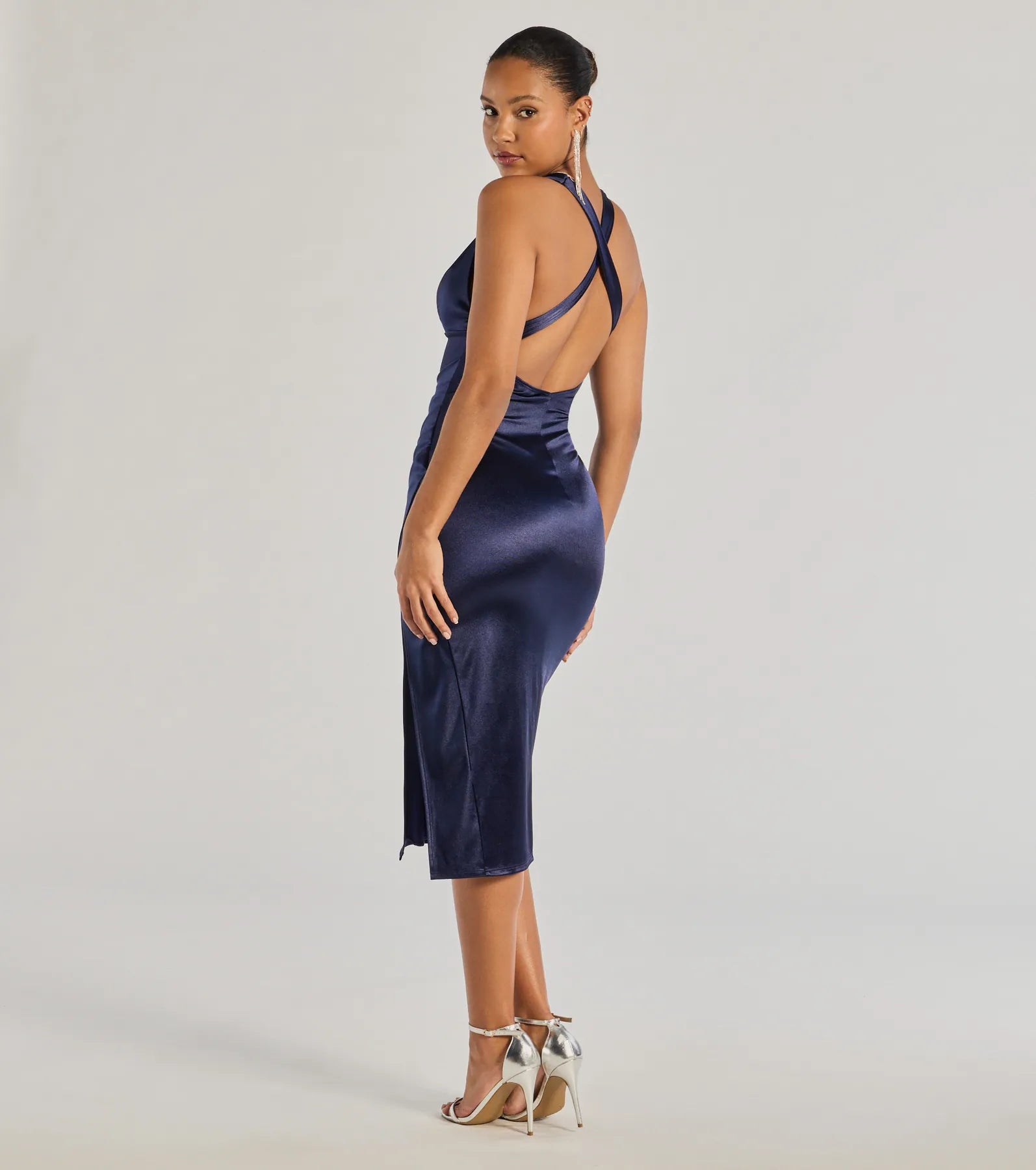 Premium Abigail V-Neck Satin Midi Dress – Ultimate Elegance