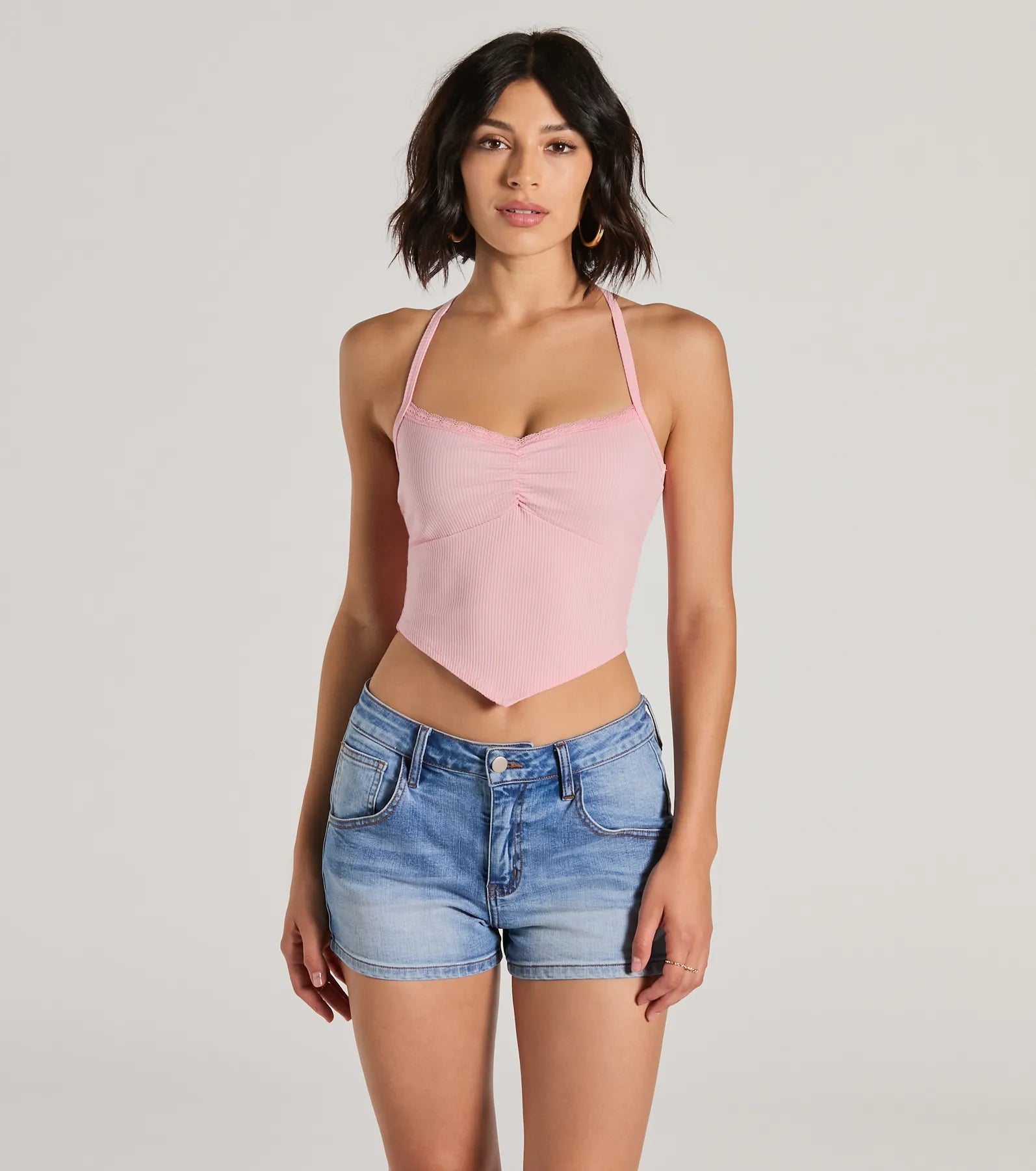 Ultimate Chic Halter V-Neck Lace Trim Crop Top