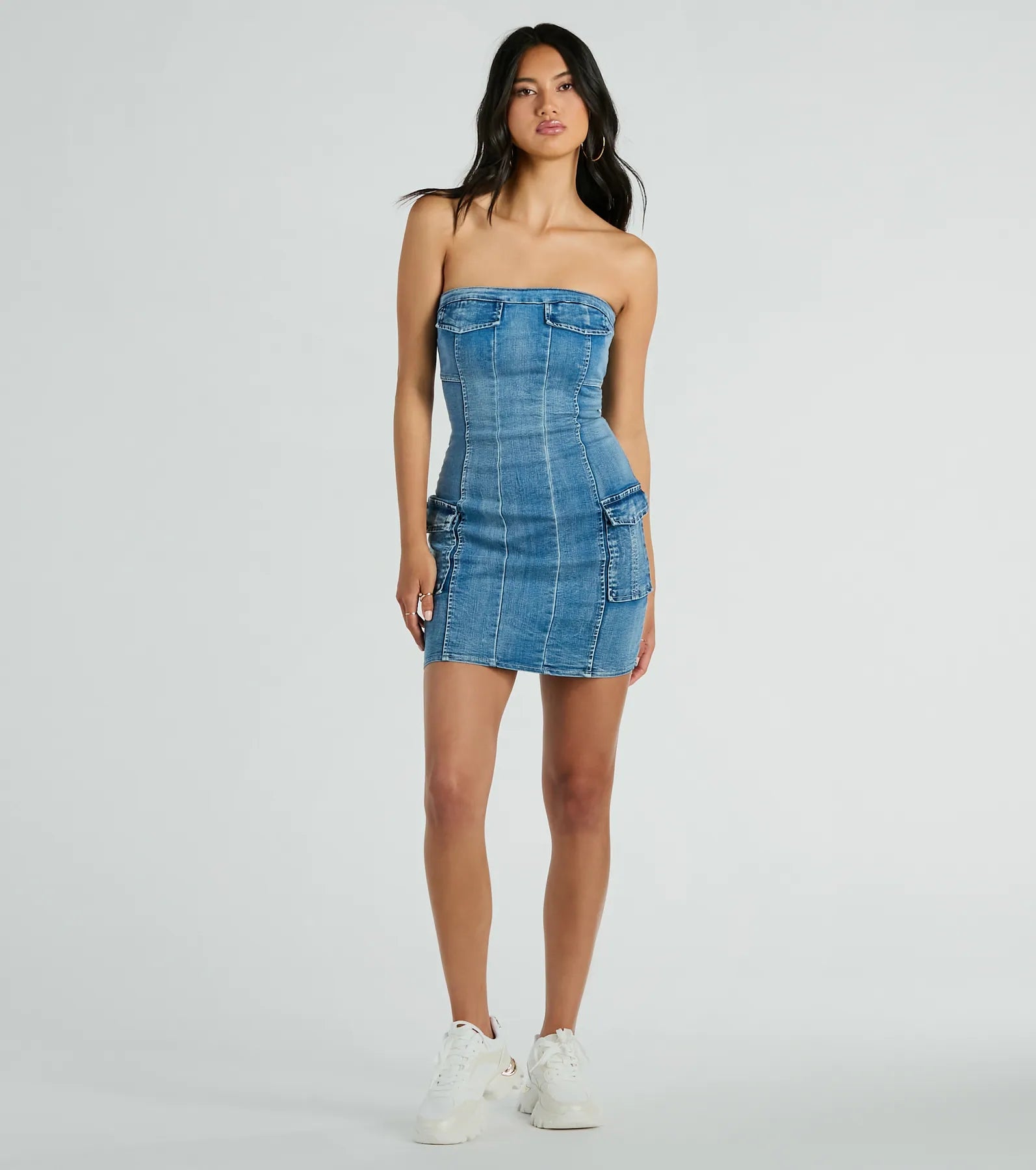 Ultimate Trendy Girl Next Door Strapless Denim Mini Dress